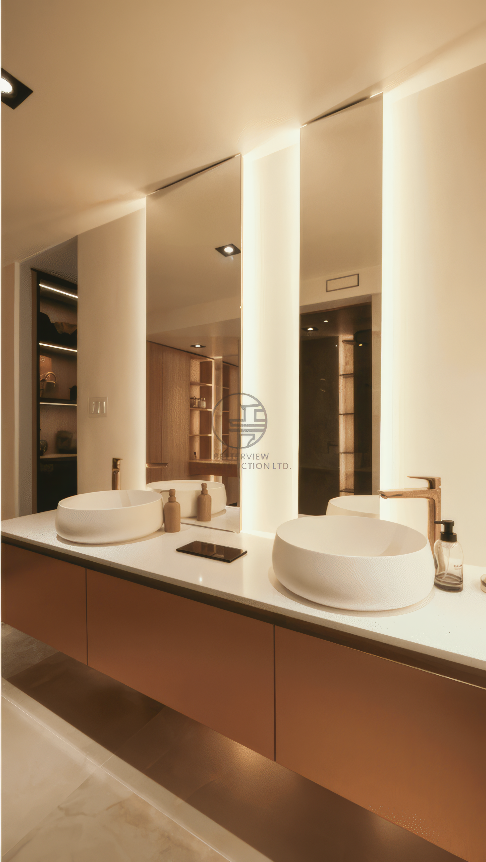 luxury bathroom double vanity with vessel sinks and LED mirror lighting