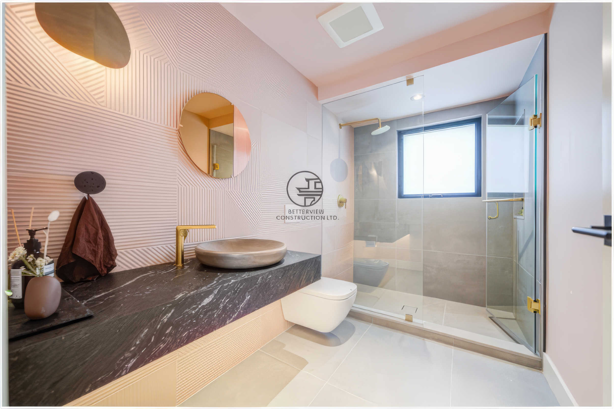 modern bathroom vanity with vessel sink and glass shower