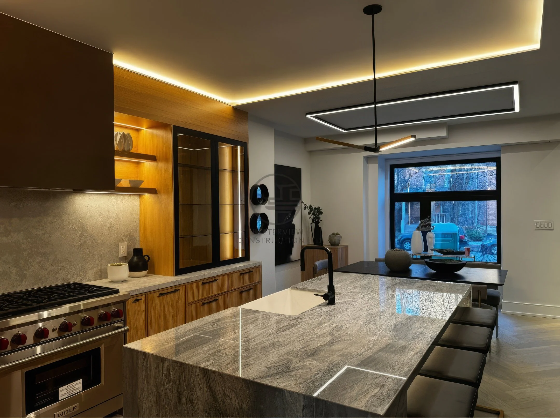 Modern kitchen with marble waterfall island, wood cabinetry, LED ceiling lighting, bar seating, and open-concept dining area.