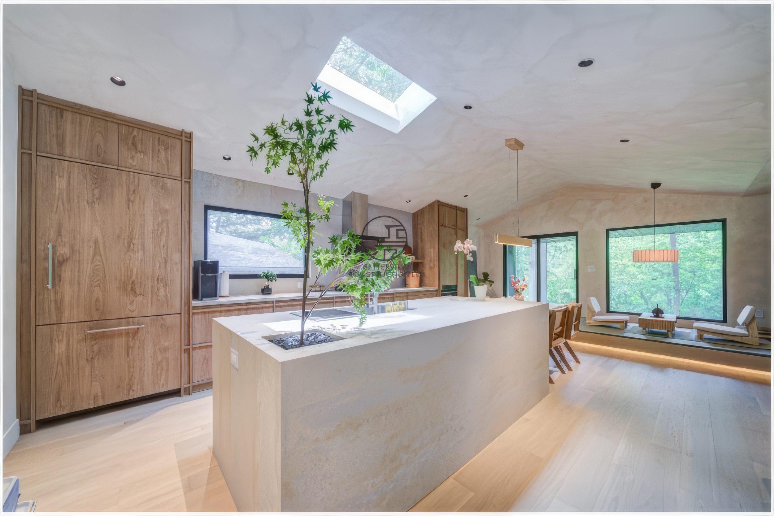 open concept kitchen with island and skylight