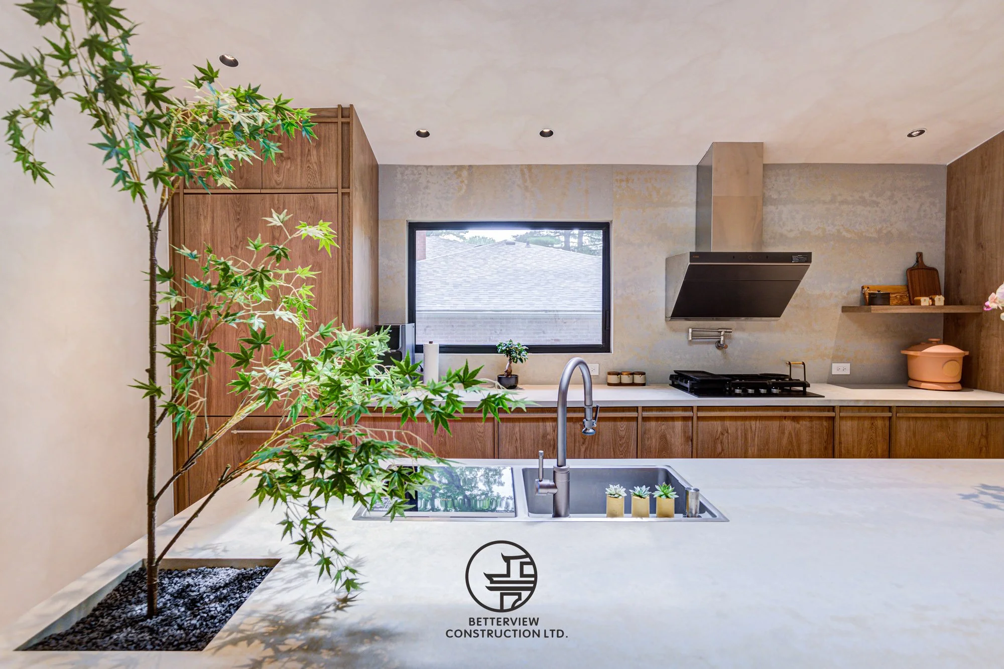 modern kitchen island with sink and wood cabinets