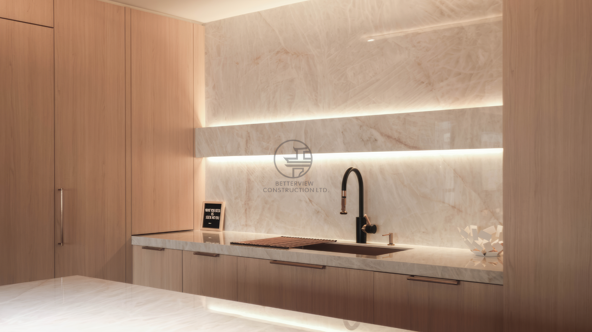 modern kitchen with marble backsplash and under cabinet LED lighting
