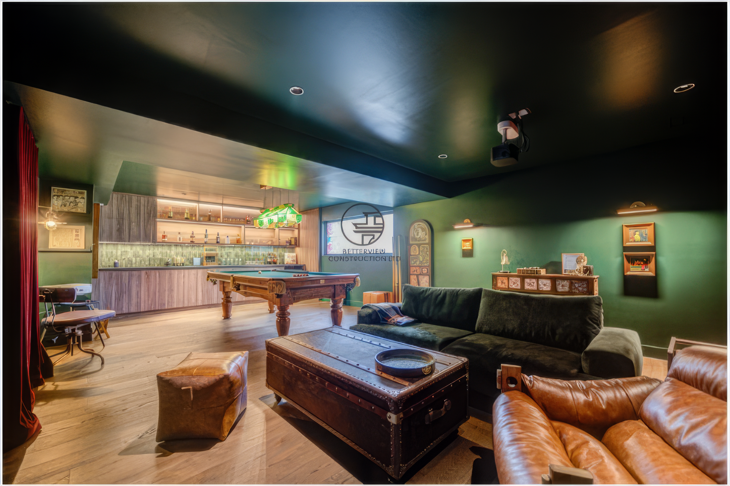 modern basement renovation with lounge area billiards table and custom bar