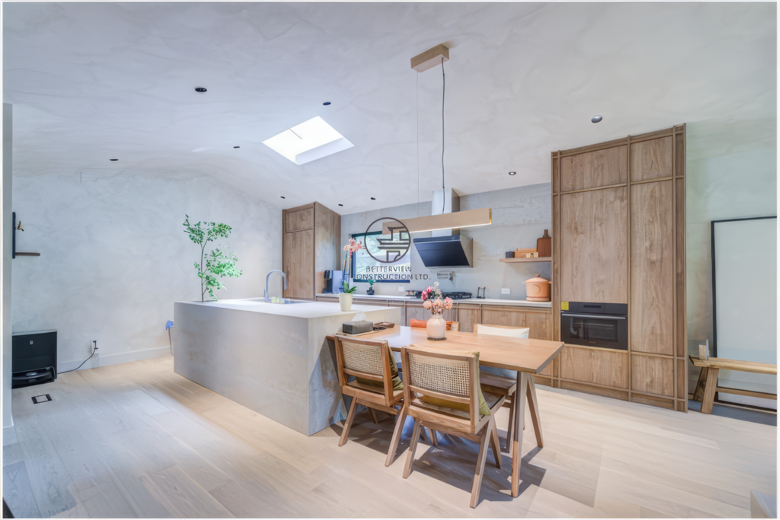 modern open concept kitchen with island and dining area