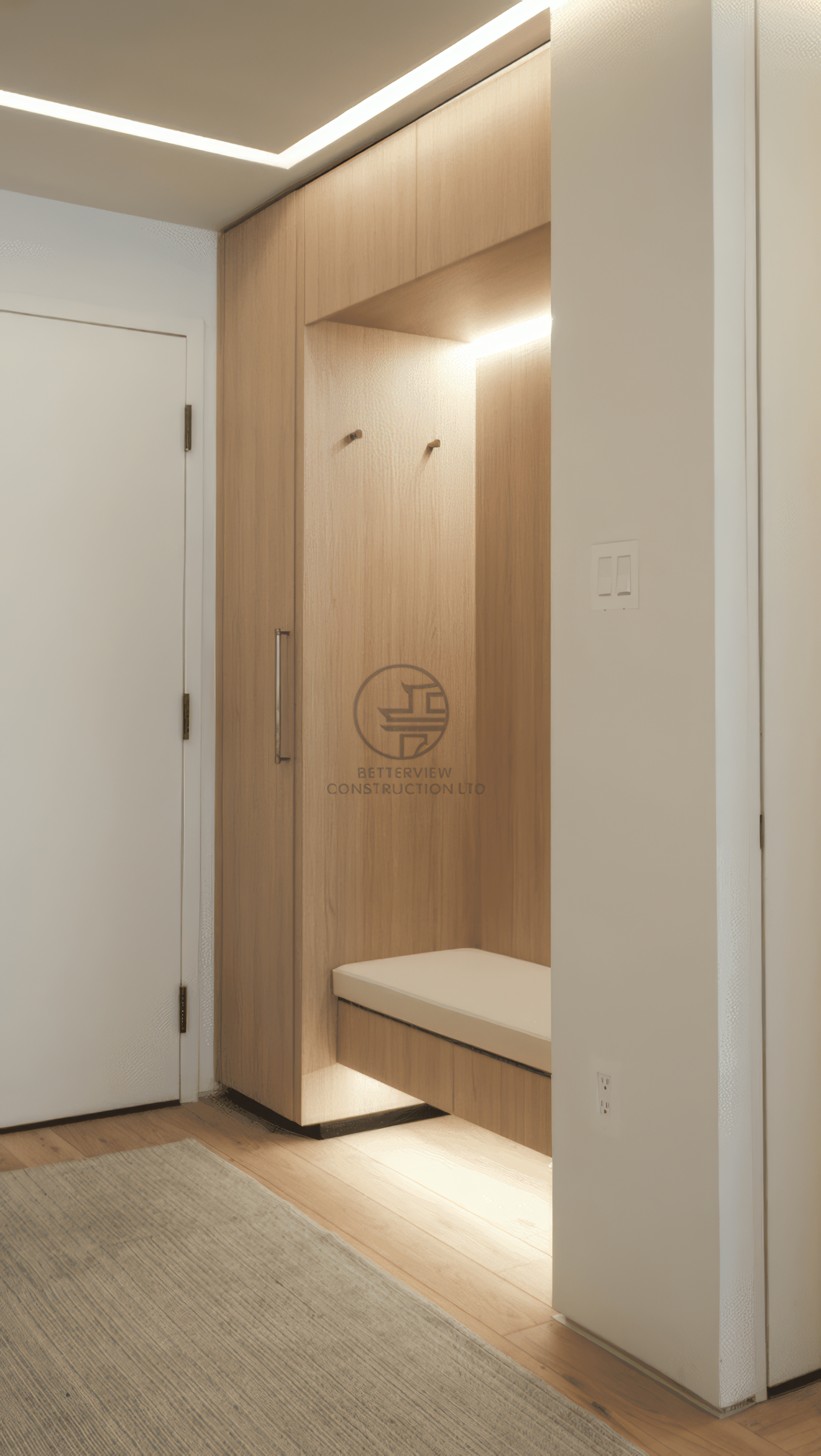 modern entryway with built-in bench and custom storage cabinetry