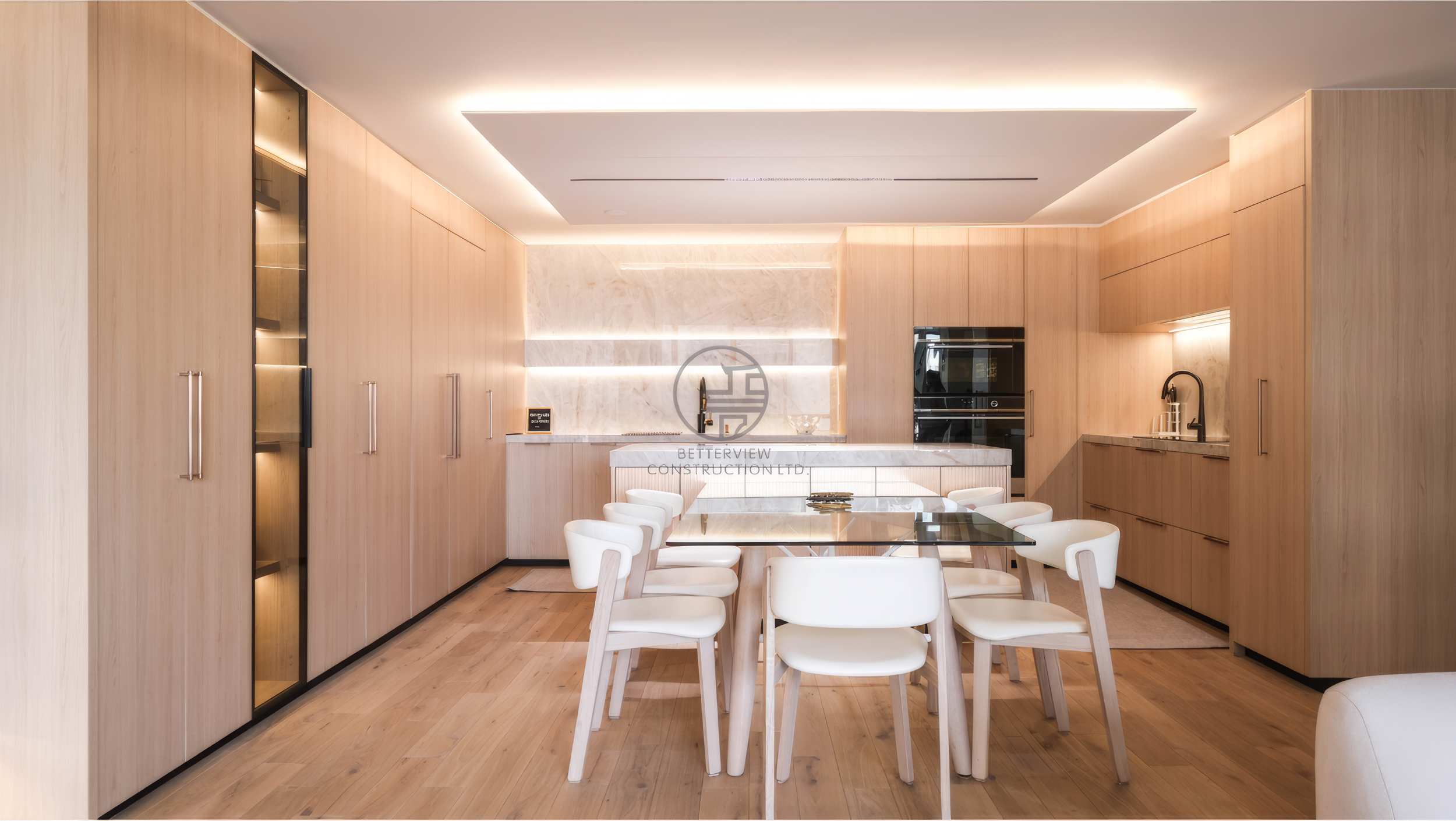 modern open concept kitchen and dining room with custom cabinetry