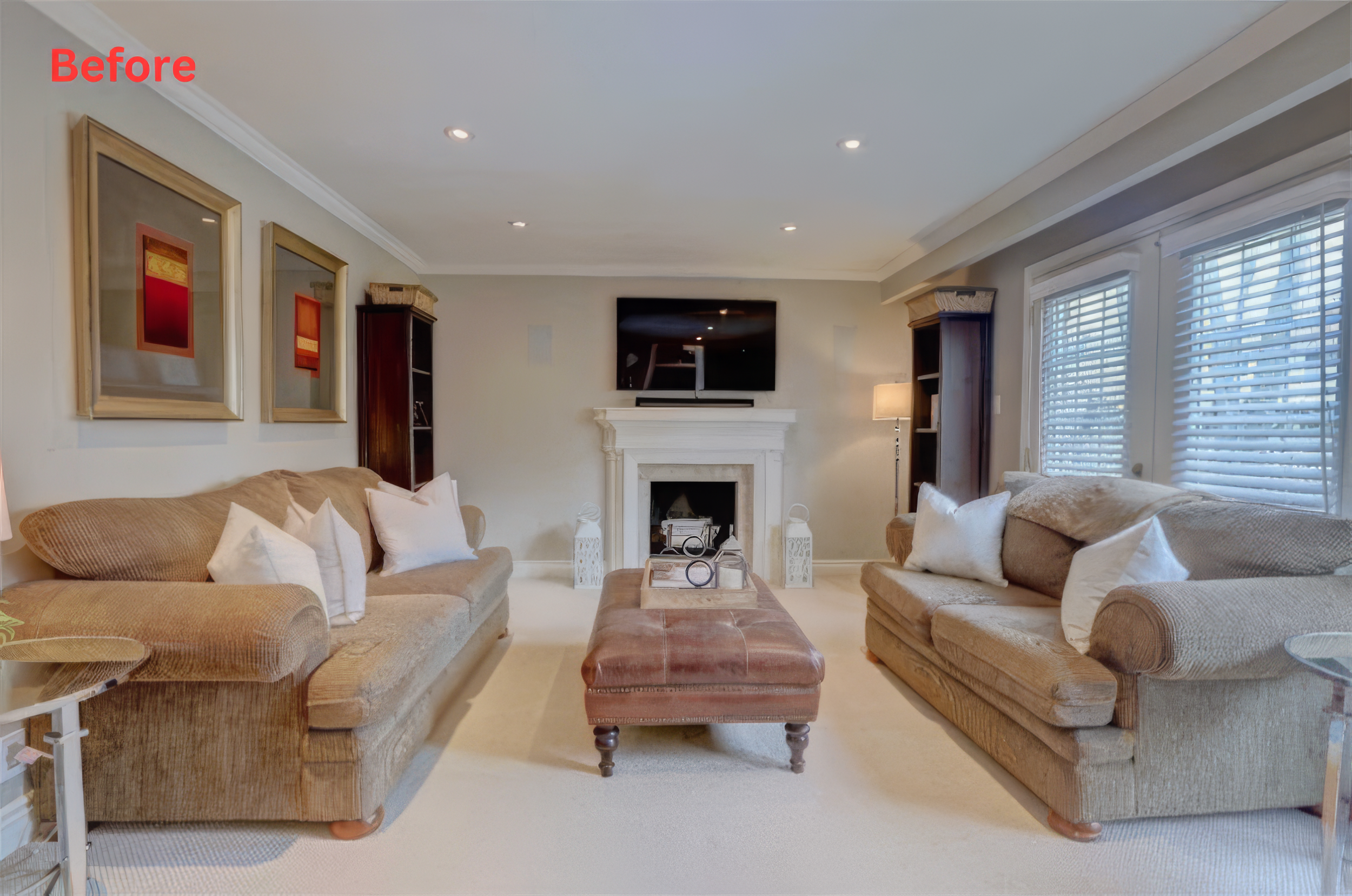Before home renovation living room with traditional furniture layout and fireplace wall in a Toronto house.