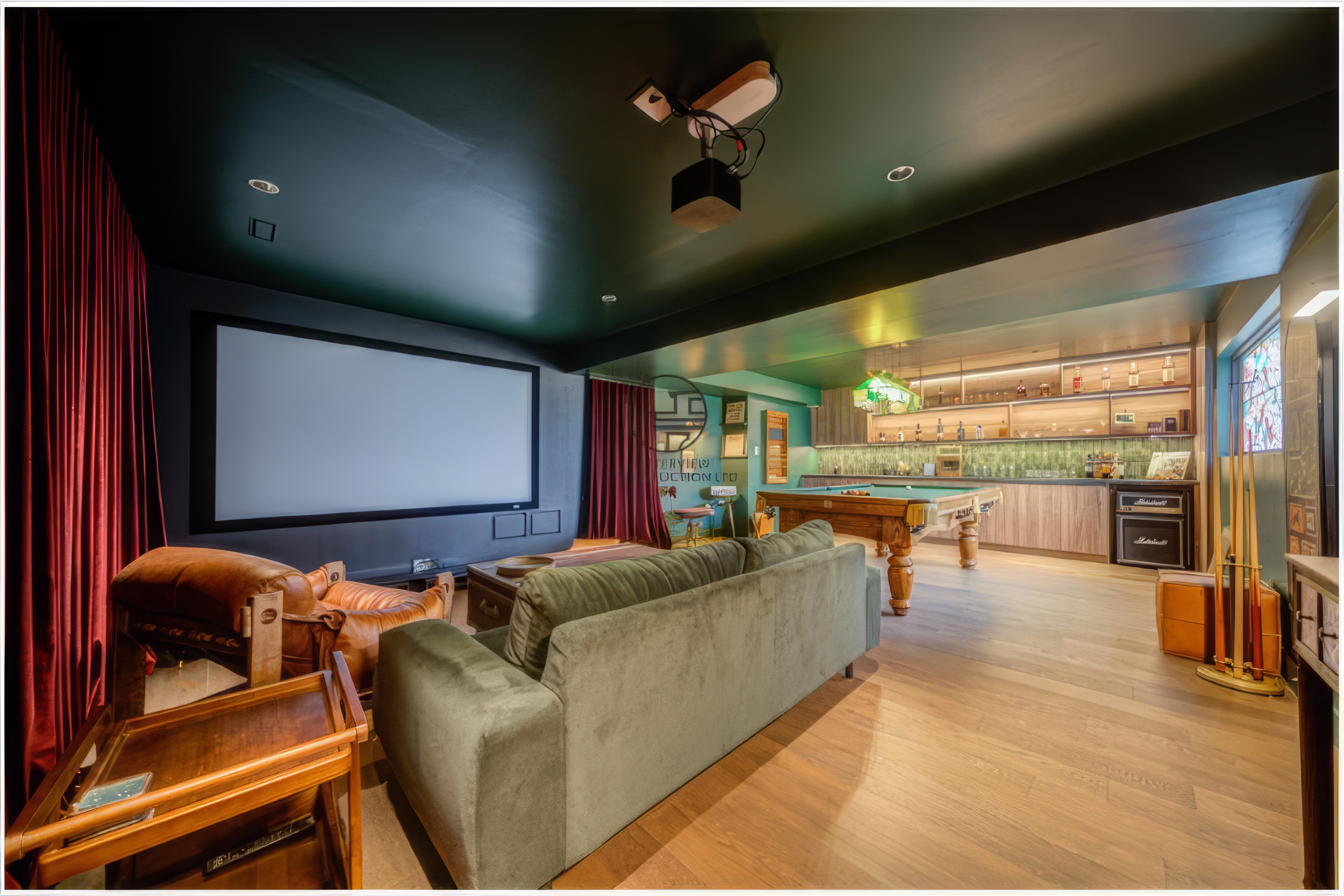 modern basement renovation with home theater seating billiards table and custom bar