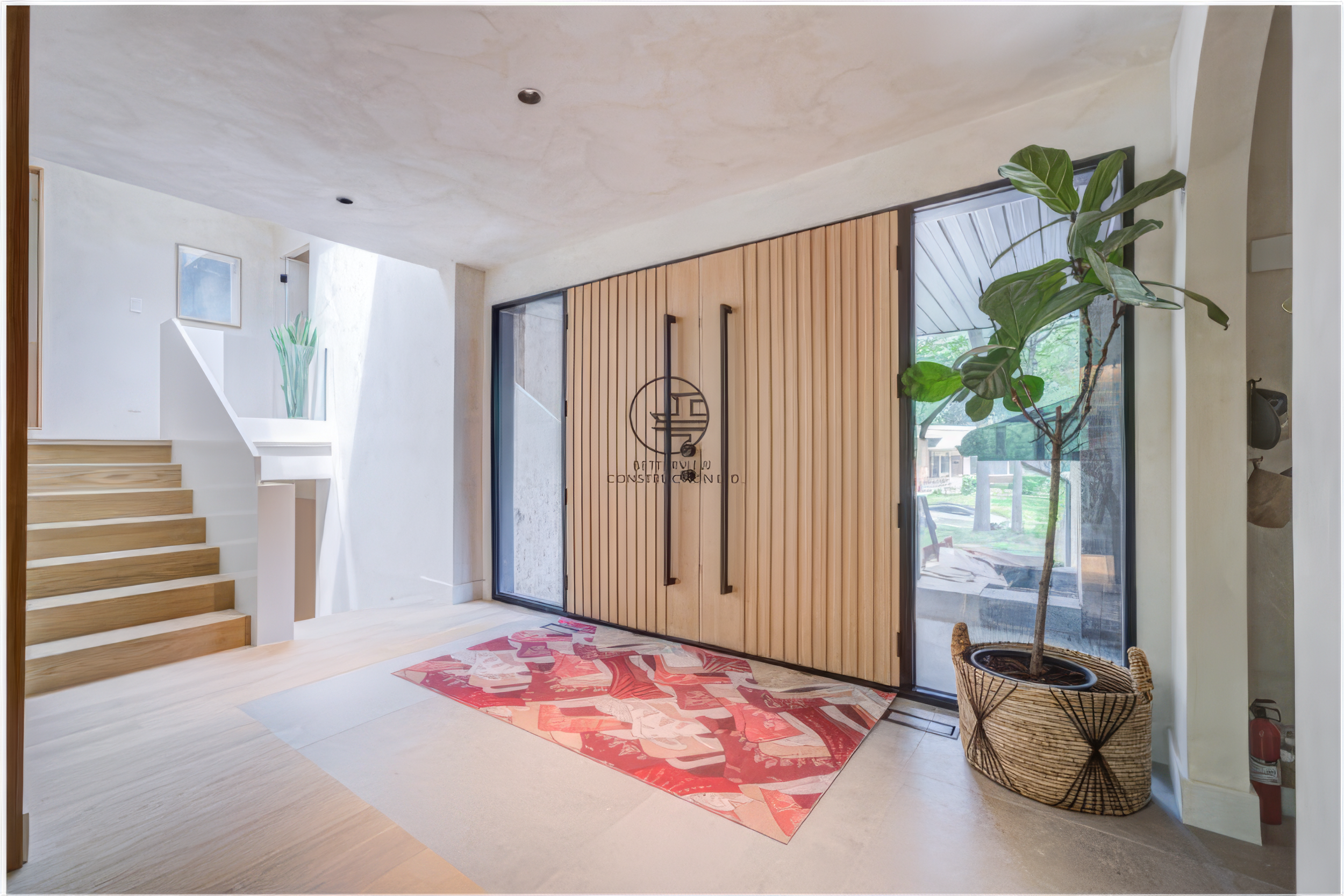 modern home entryway with wood front door and staircase design