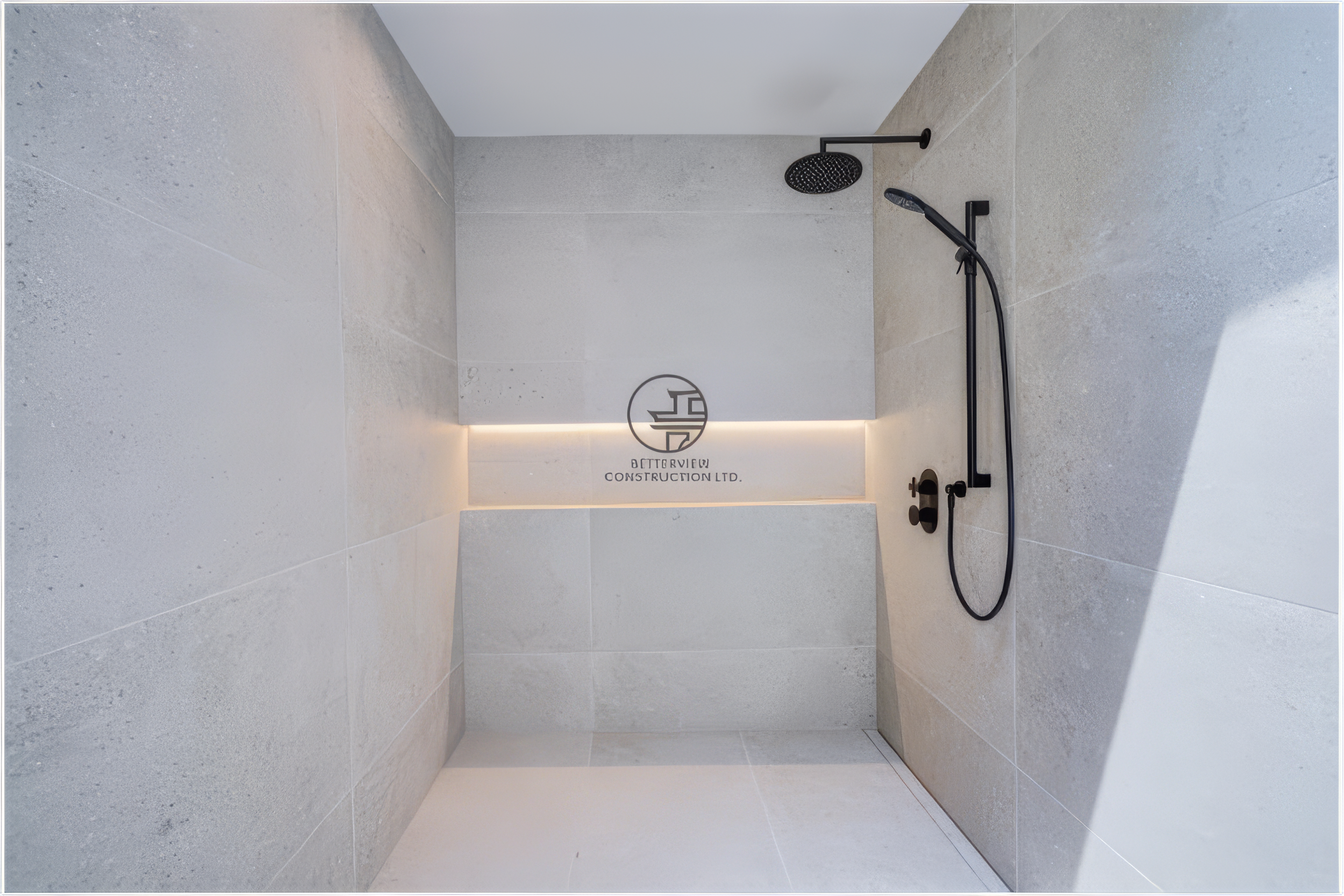 modern walk in shower with rainfall shower head and built in niche