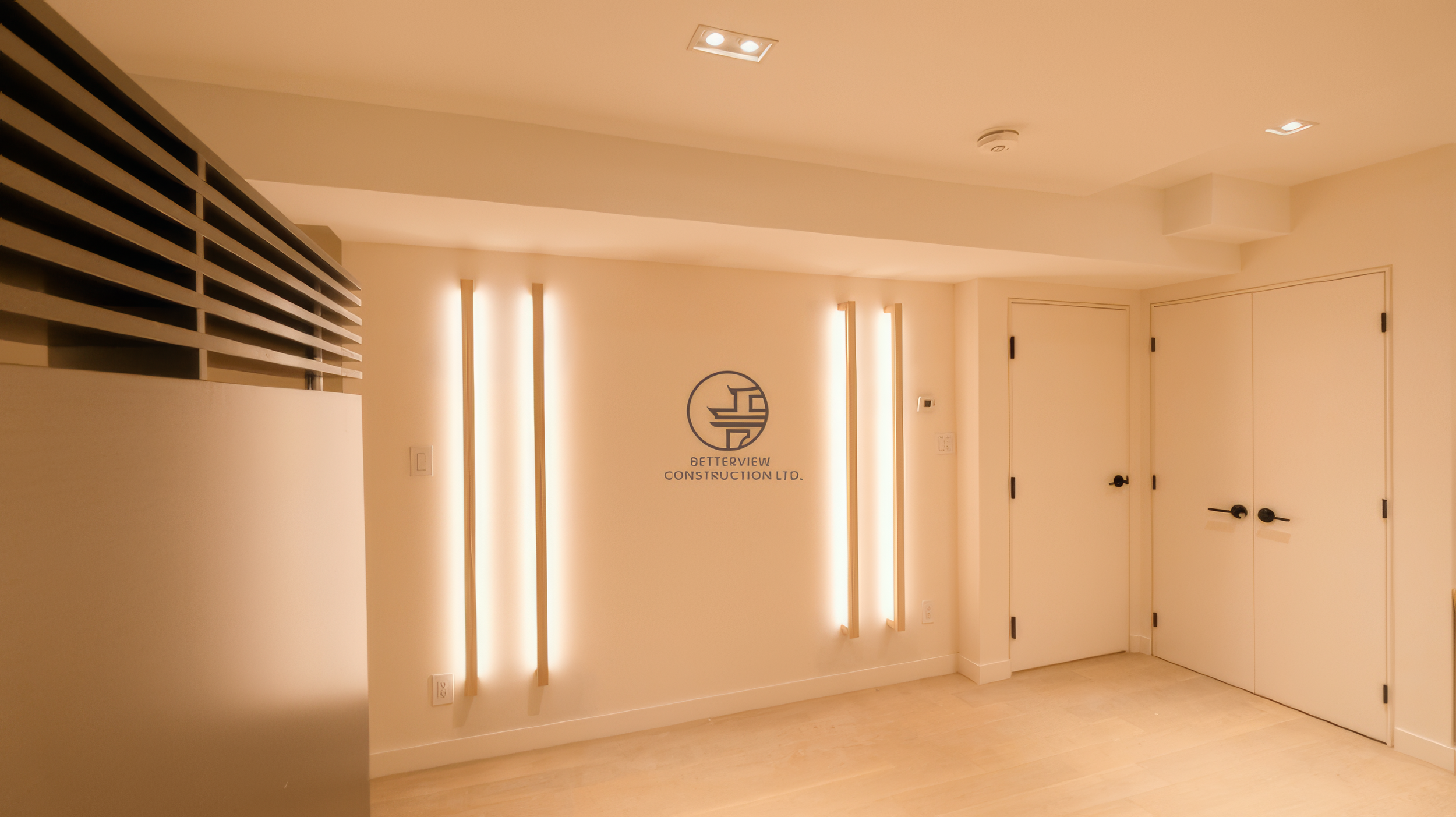 modern basement renovation with vertical LED wall lighting, clean white walls, and minimalist interior design