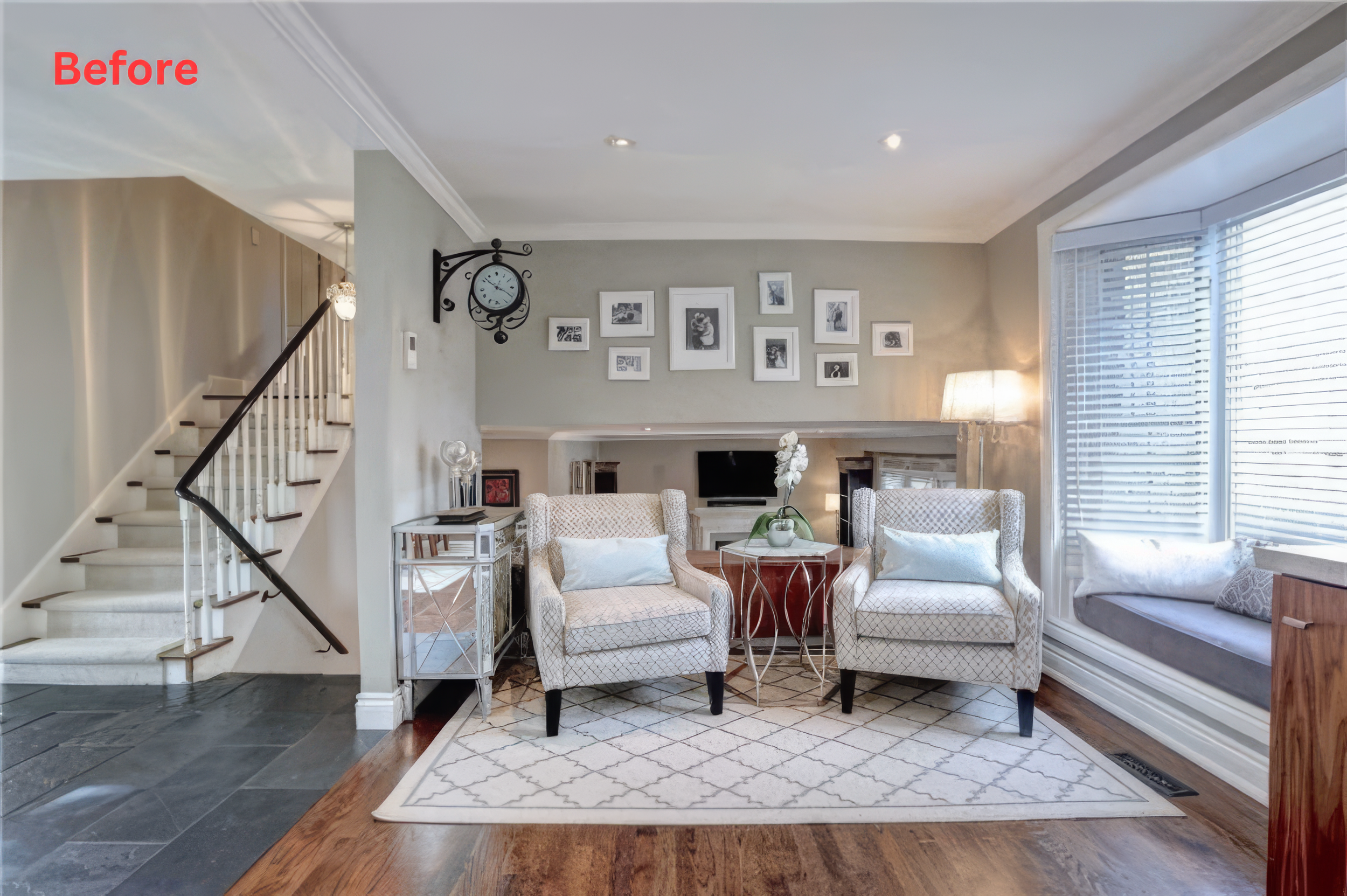 Before home renovation living room with traditional layout, fireplace wall, and staircase area in a Toronto house.