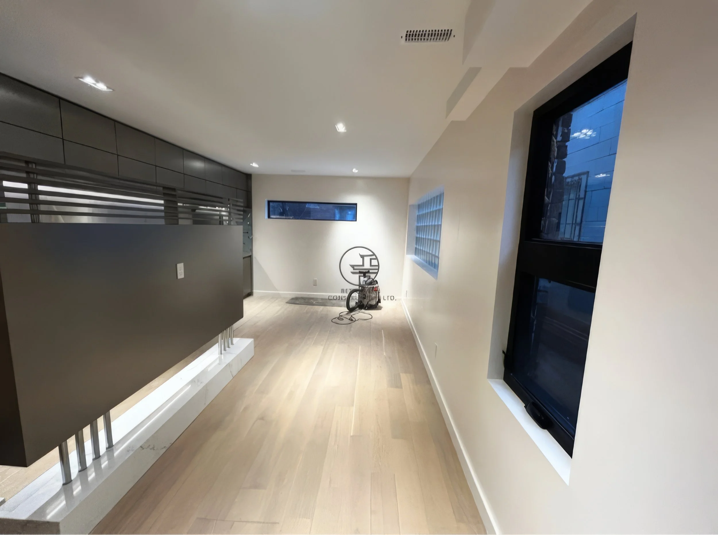 modern basement hallway renovation with light wood flooring, glass block window, and minimalist design
