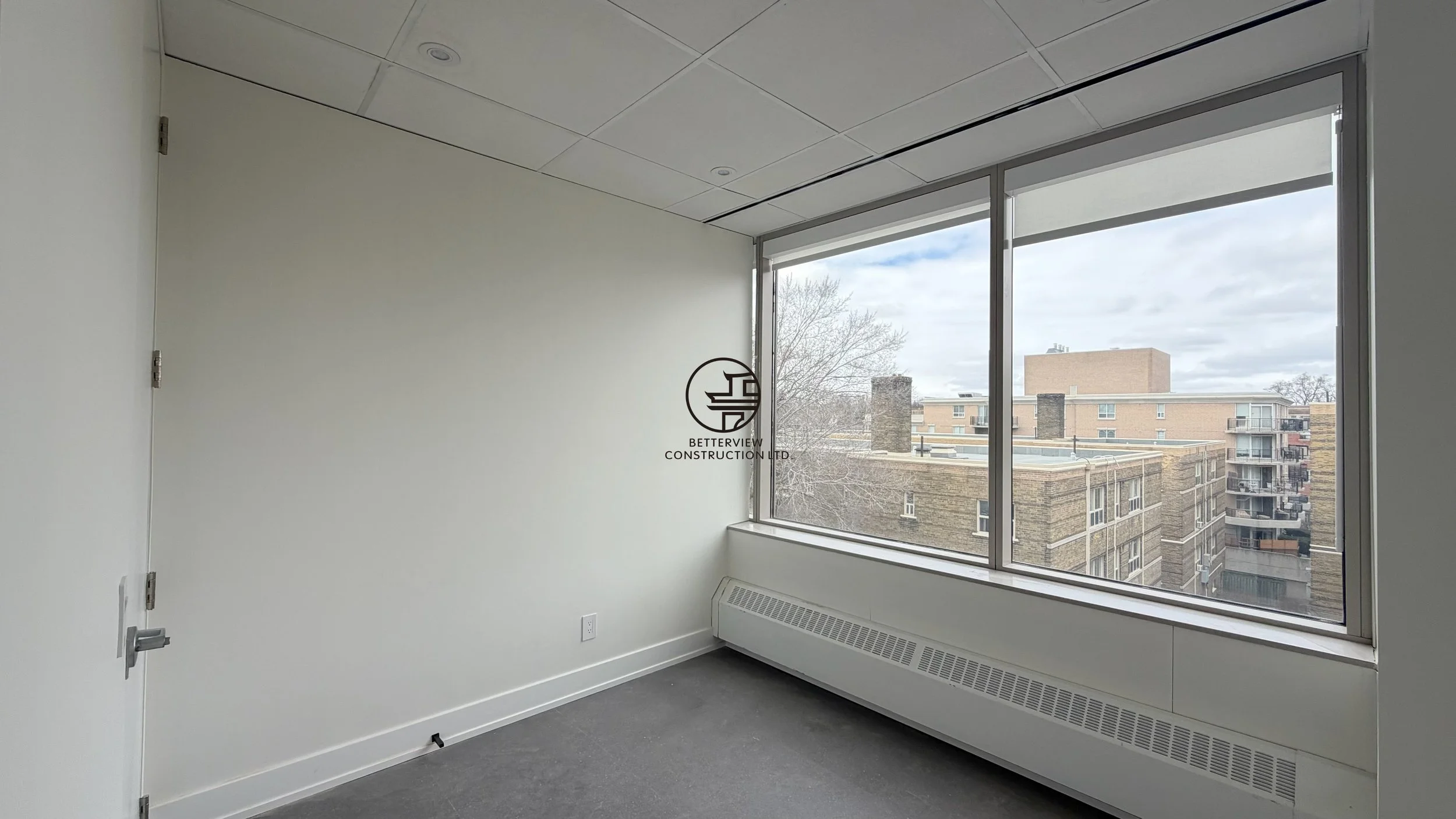 Modern private office room with large window, carpet flooring, and natural light in commercial renovation