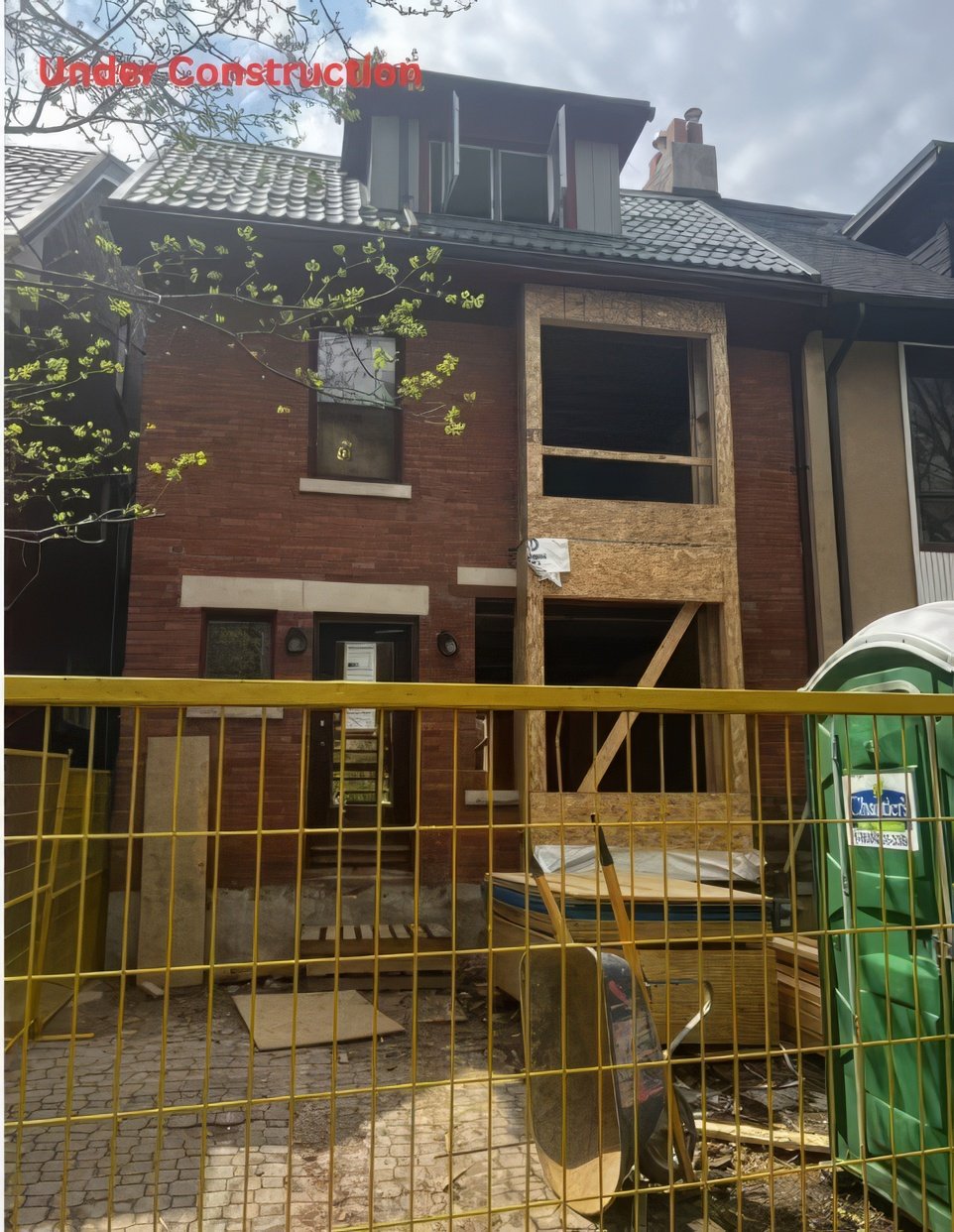 Under-construction residential home addition with brick exterior, framed second-floor extension, and safety fencing in a Toronto neighborhood