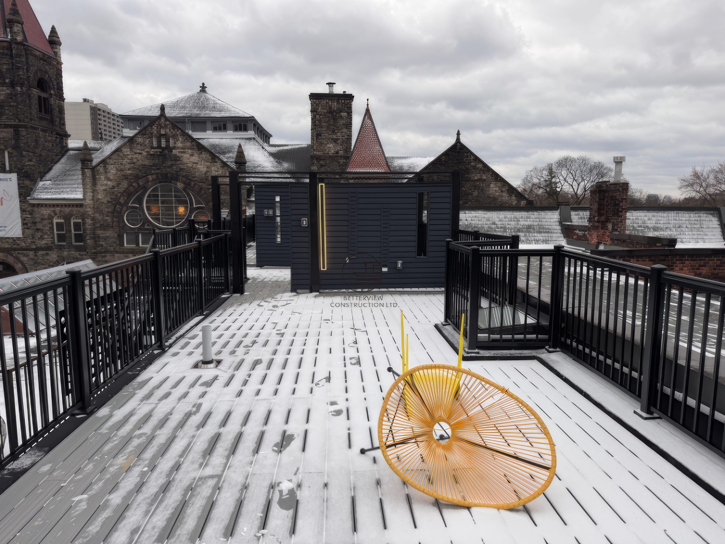 modern rooftop deck renovation with snow-covered composite decking, black railings, and privacy wall