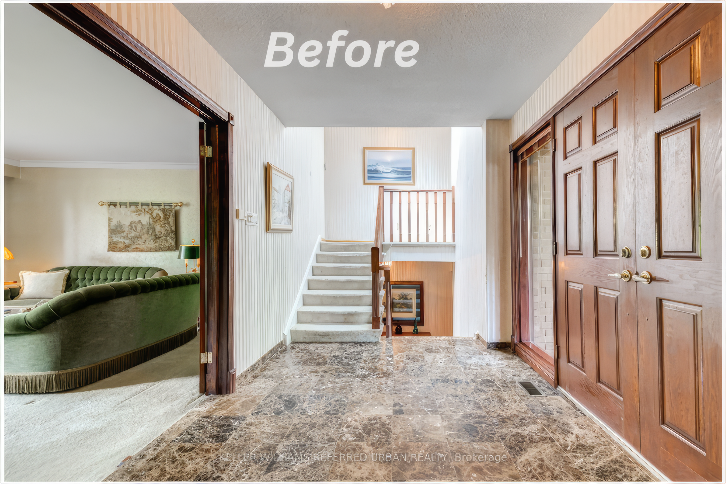 home entryway before renovation with dated flooring and wood doors