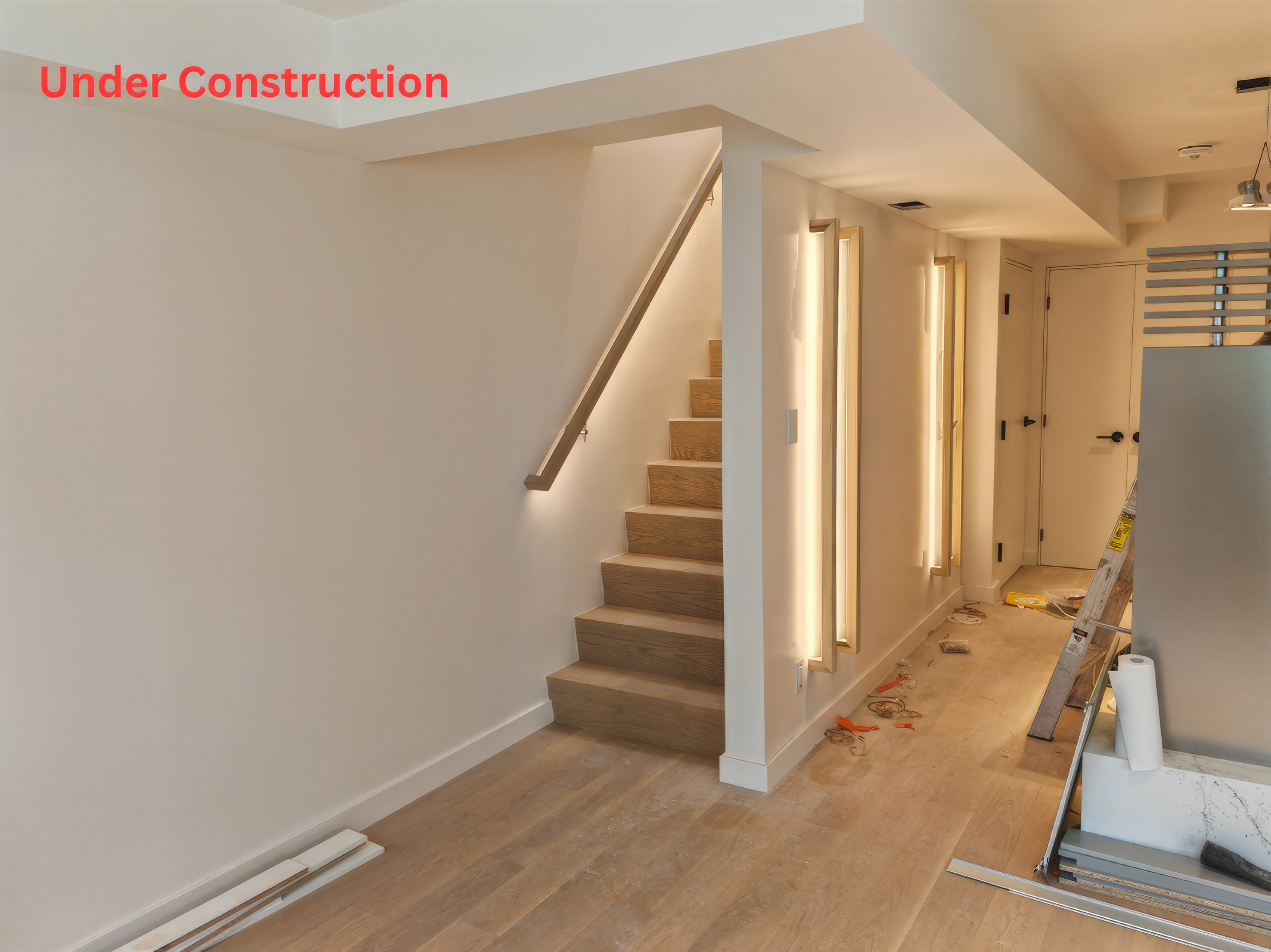 Staircase and hallway renovation in progress in Toronto featuring wall lighting installation, wood flooring, and near-completion construction stage