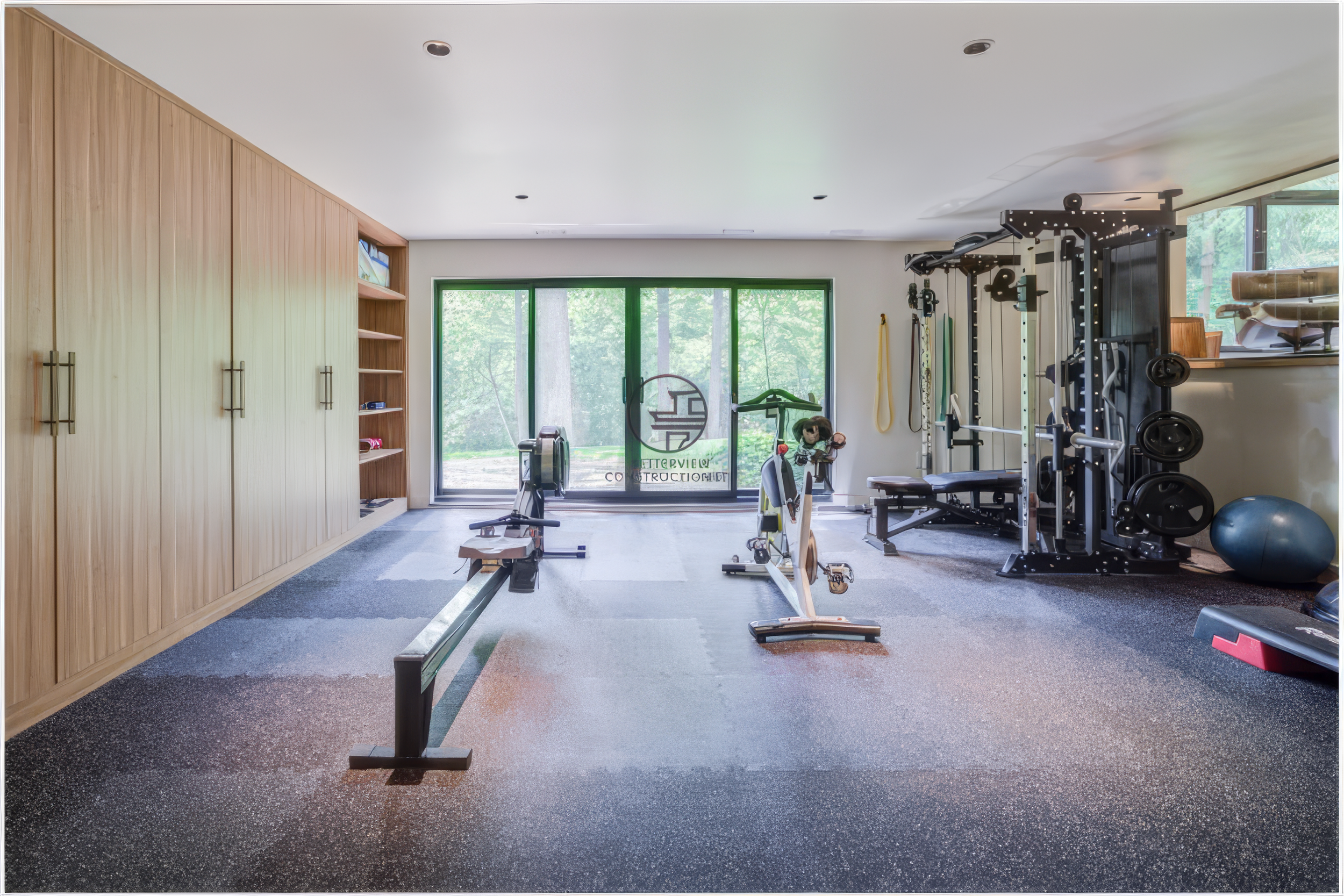 modern basement renovation with home gym equipment and custom wood storage cabinets
