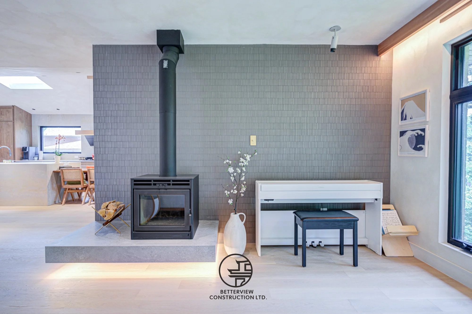 modern living room fireplace with wood stove and feature wall