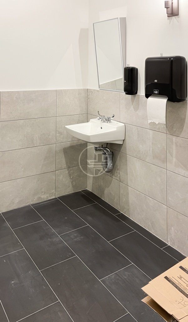 Commercial washroom renovation in Toronto featuring wall-mounted sink, tiled walls, and durable tile flooring for office restroom design