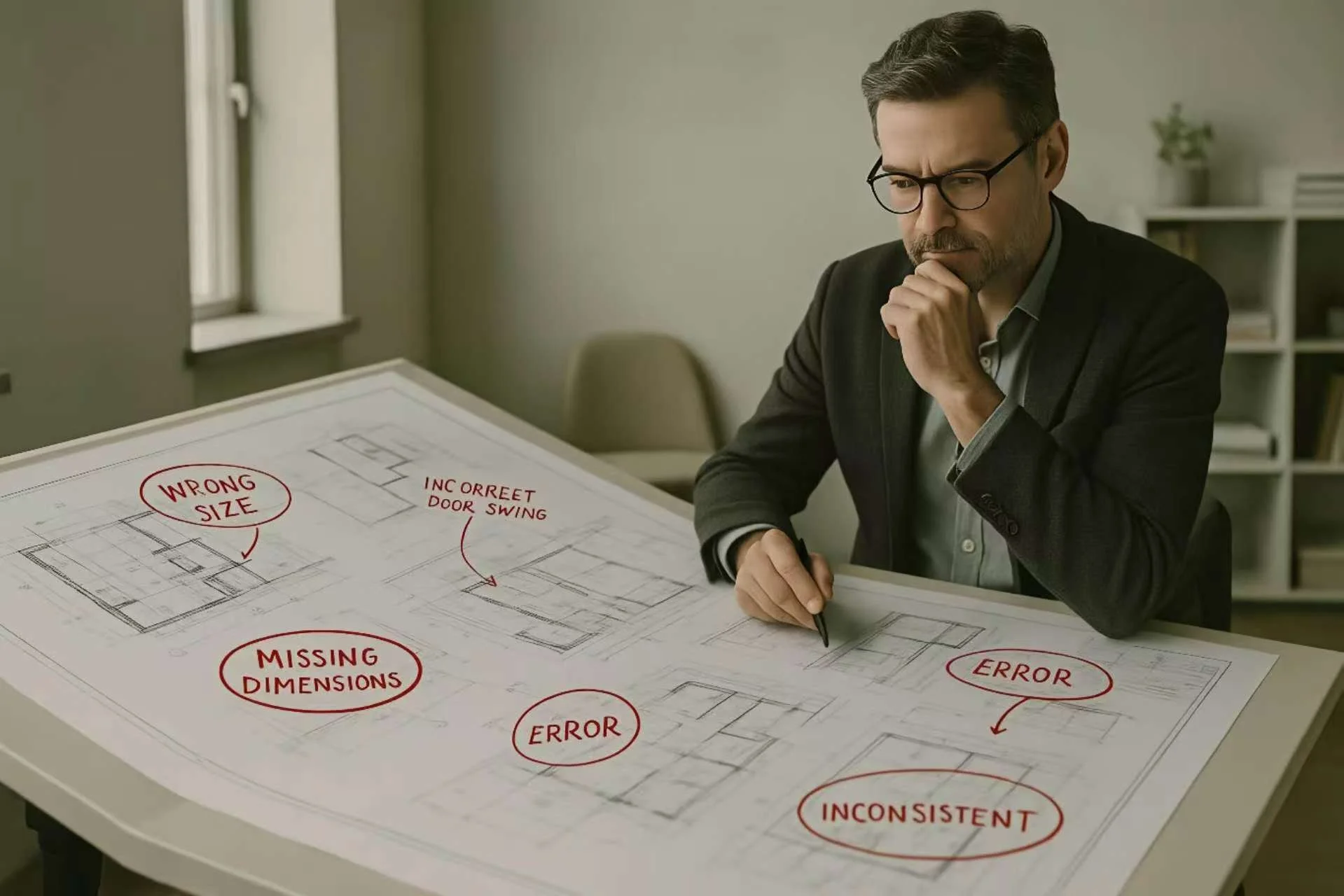 A man with glasses and a beard looks at a large blueprint on a table, with handwritten notes and circles highlighting issues like 'wrong size' and 'error'