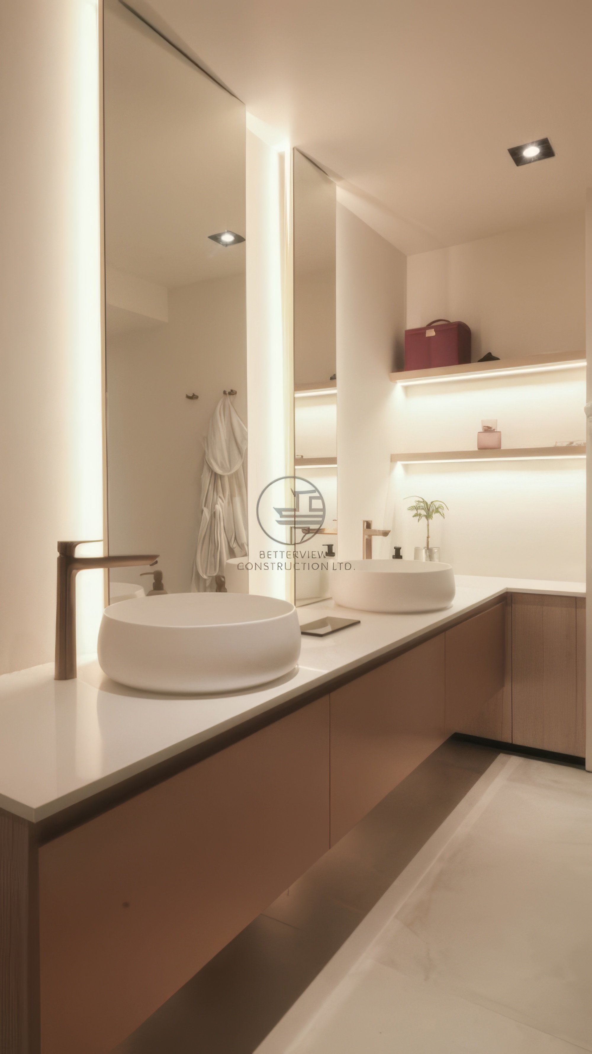 modern bathroom with double vanity sinks and LED mirror lighting