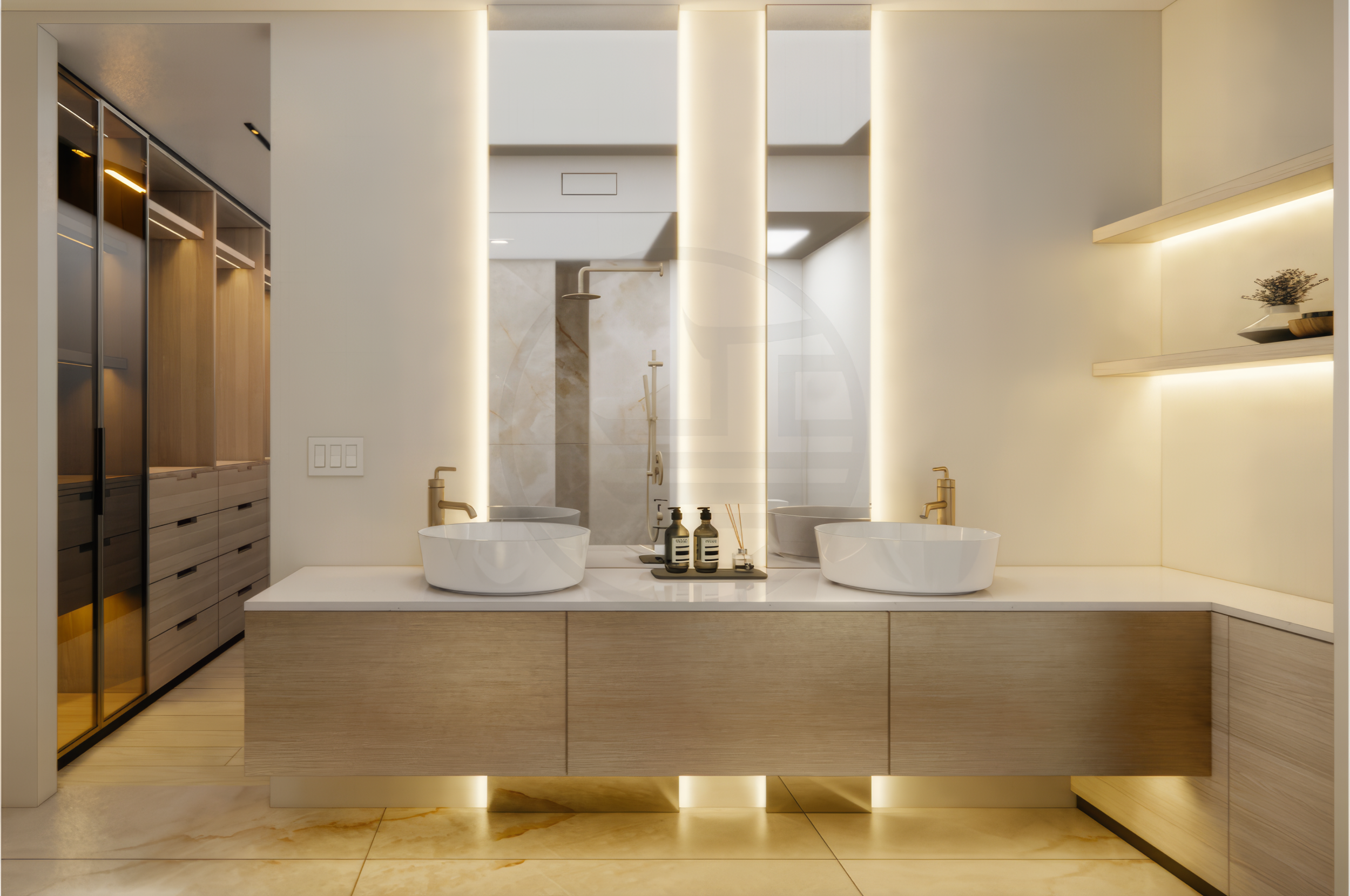 luxury bathroom with double vanity and floating cabinet
