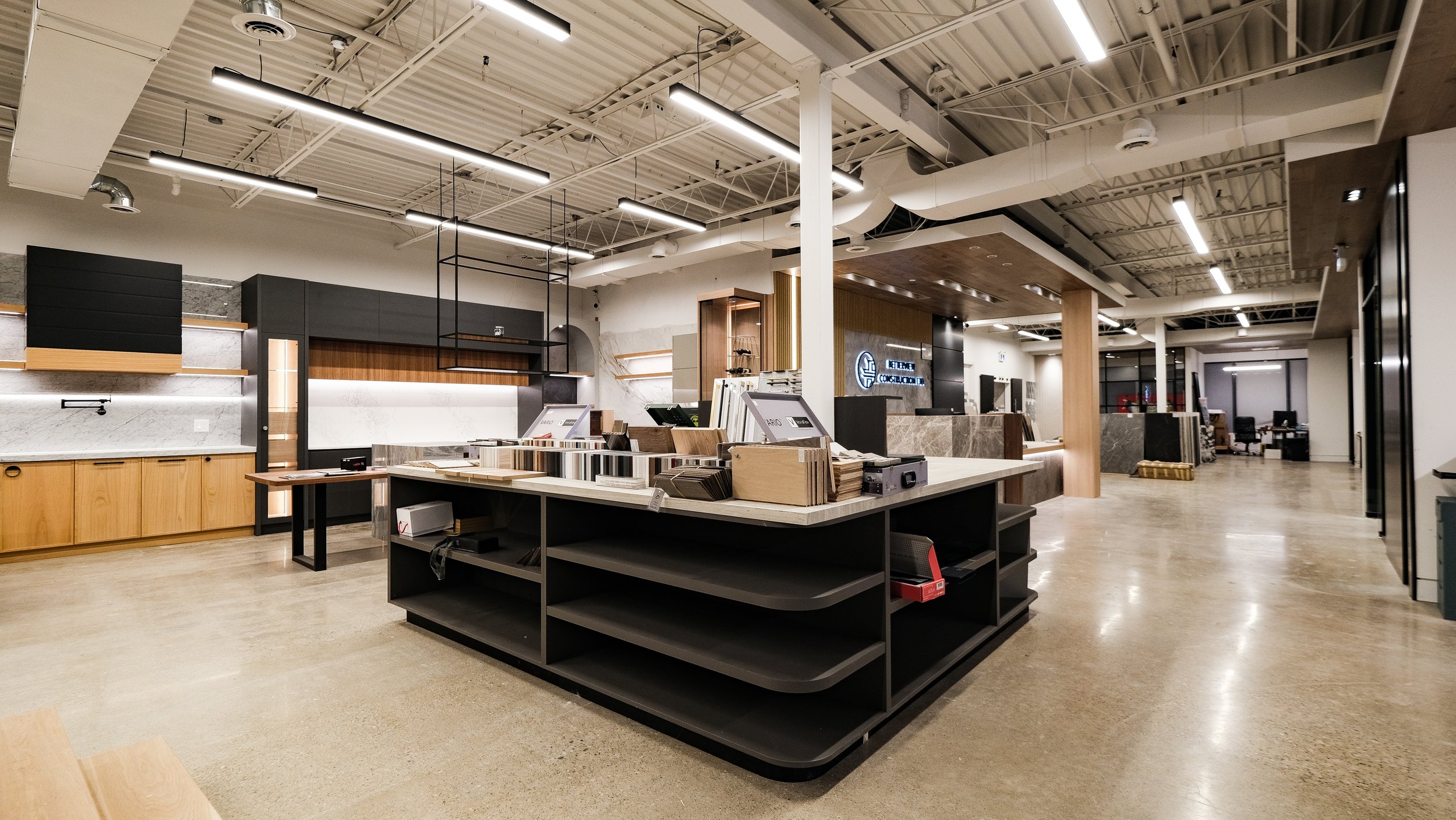 Betterview Construction showroom with modern open concept commercial interior design and custom finishes in Toronto GTA