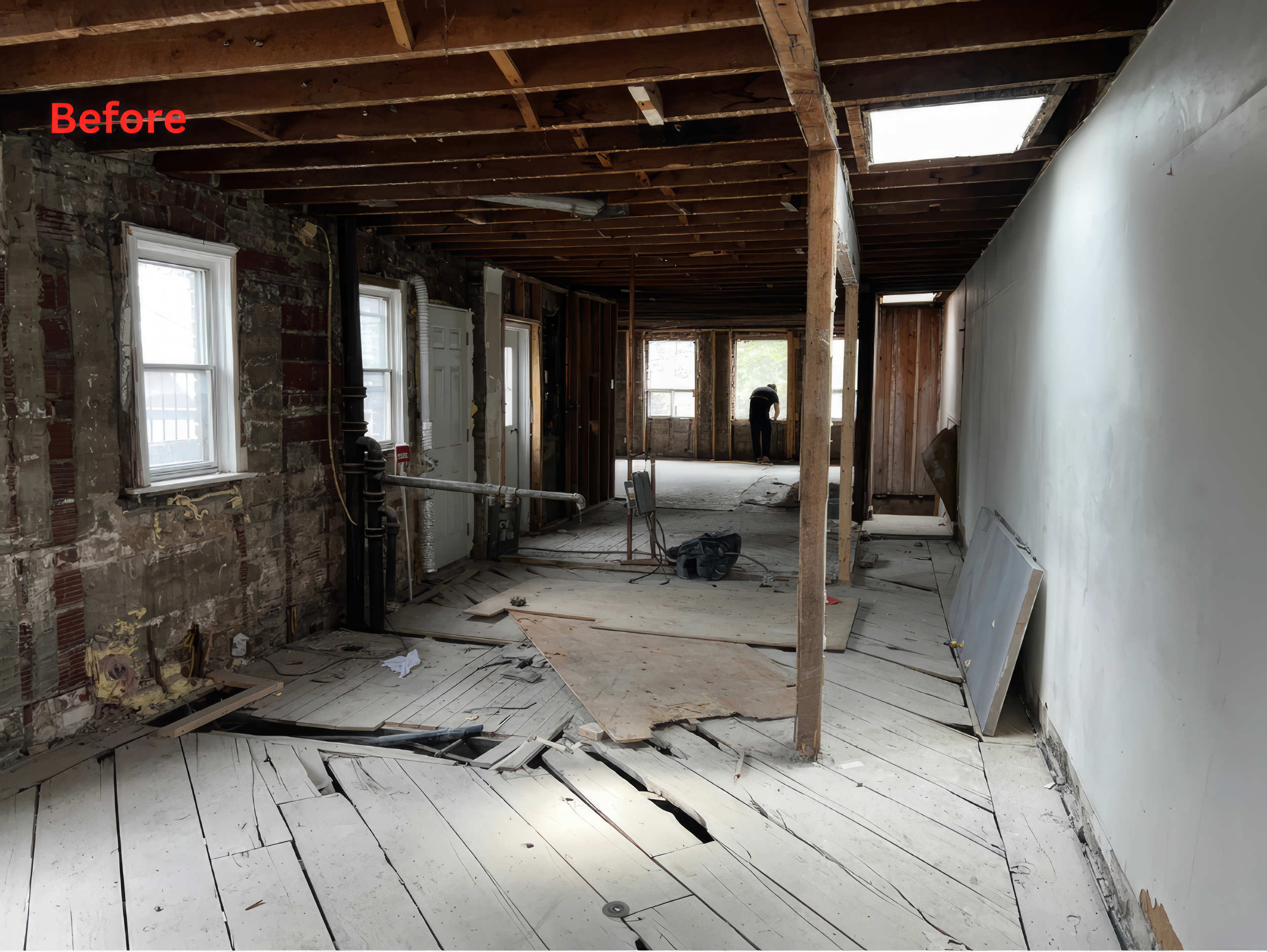 Before home renovation in Toronto showing structural interior with exposed framing, damaged flooring, and unfinished open space