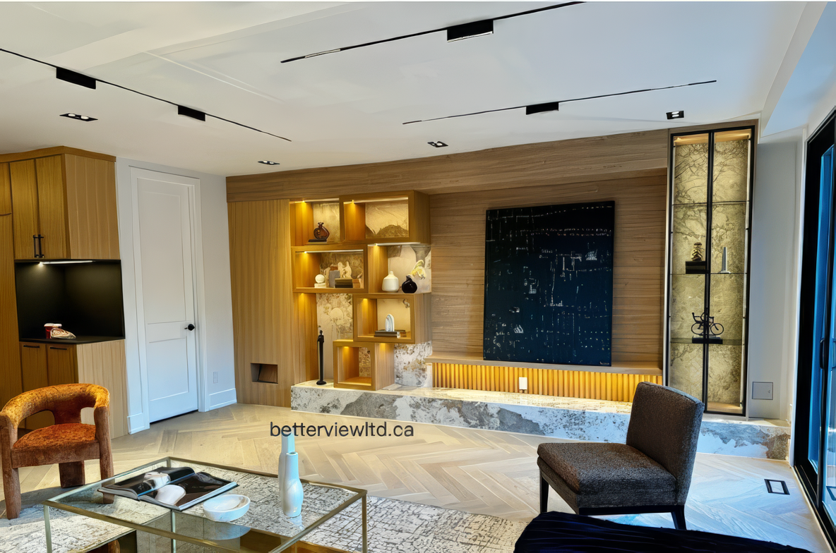 Modern living room with built-in shelving, wood panel feature wall, herringbone flooring, recessed lighting, and contemporary seating area.