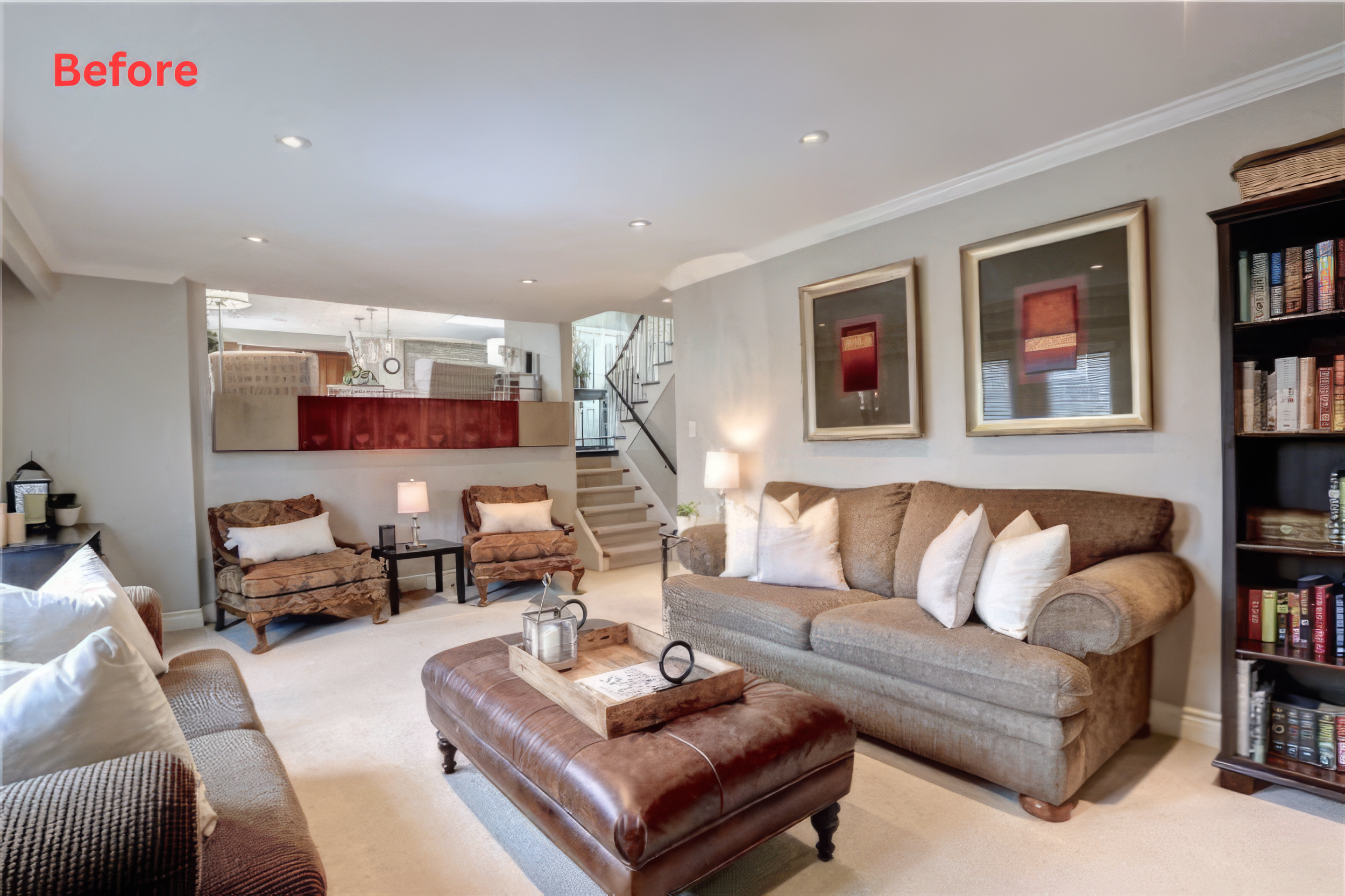 Before home renovation living room with traditional layout and carpet flooring in a Toronto house.