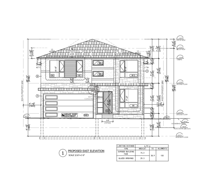 Architectural blueprint of a two-story house, showing the east elevation with detailed measurements, window placements, garage, and front entrance.