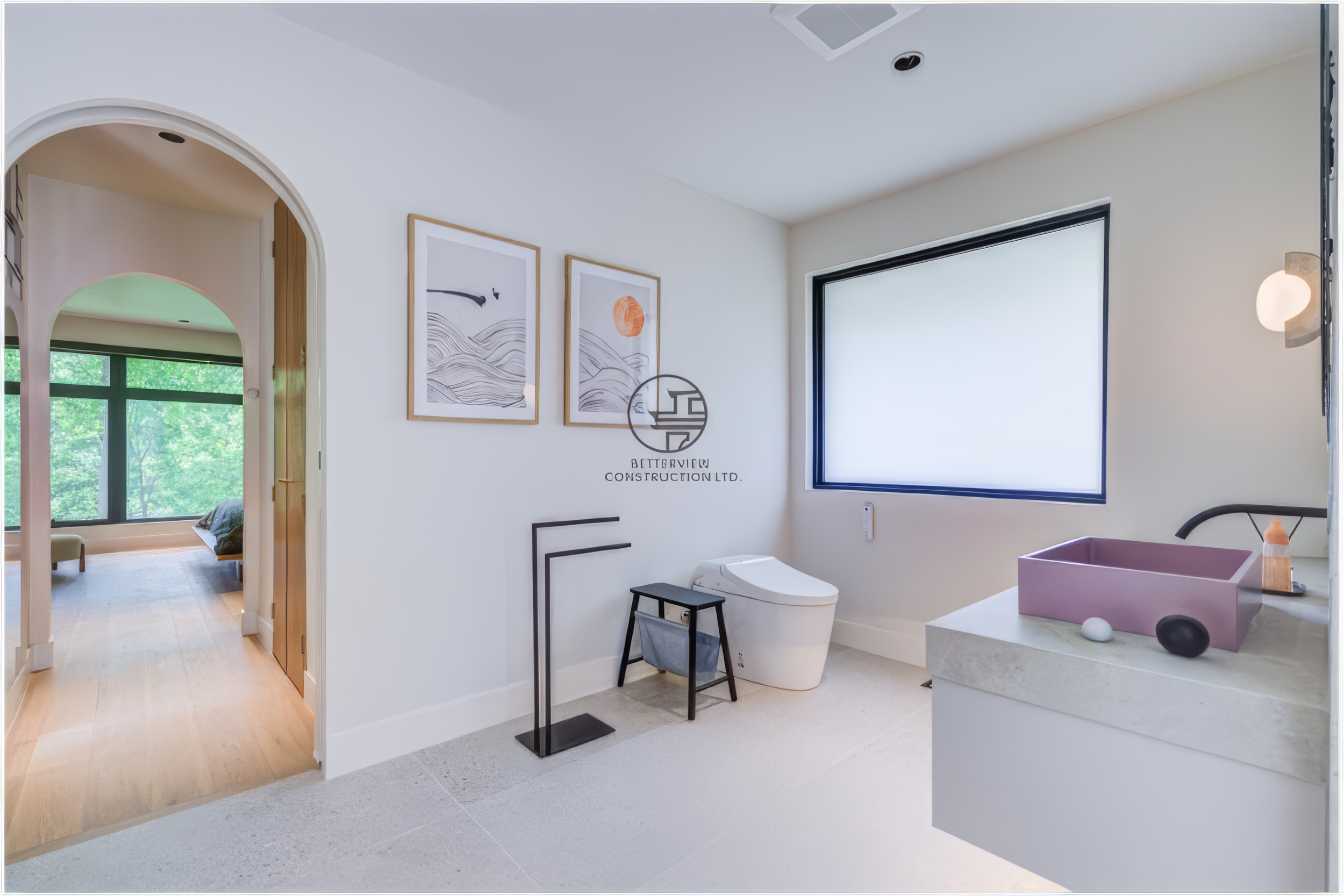 modern bathroom with arched doorway leading to bedroom in home renovation