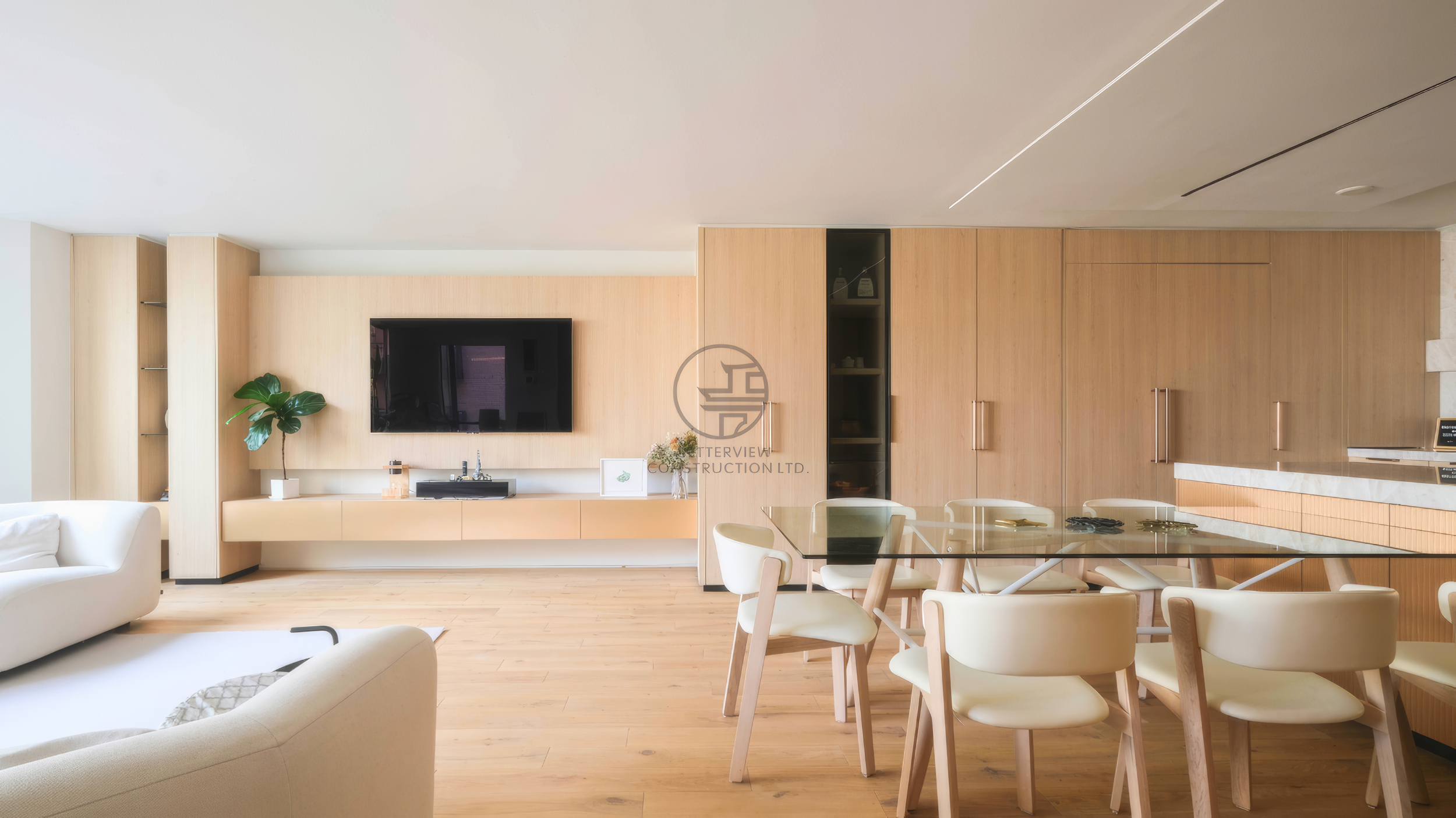 modern open concept living room, dining area and kitchen