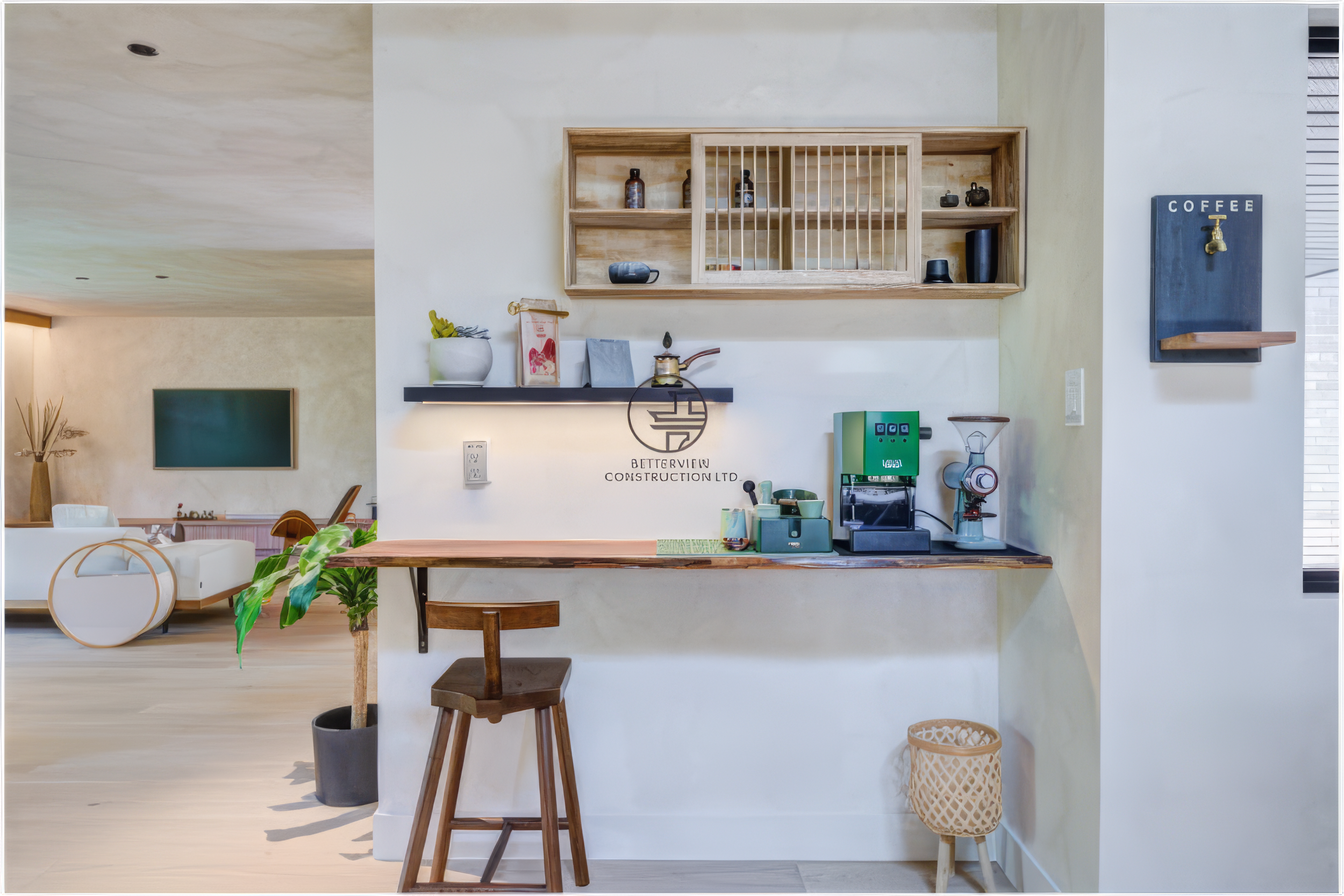 modern home coffee station with wood shelves and espresso machine