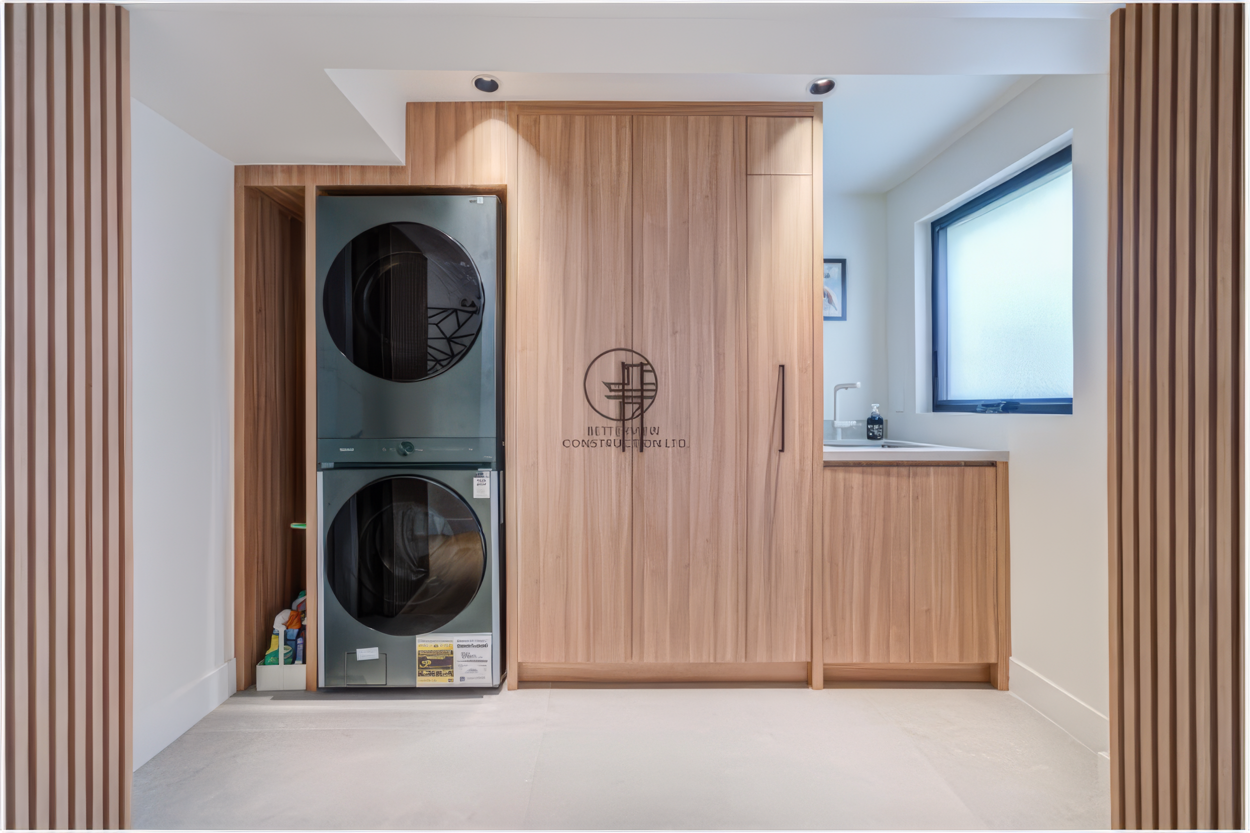 modern laundry room renovation with stacked washer dryer and custom wood cabinetry