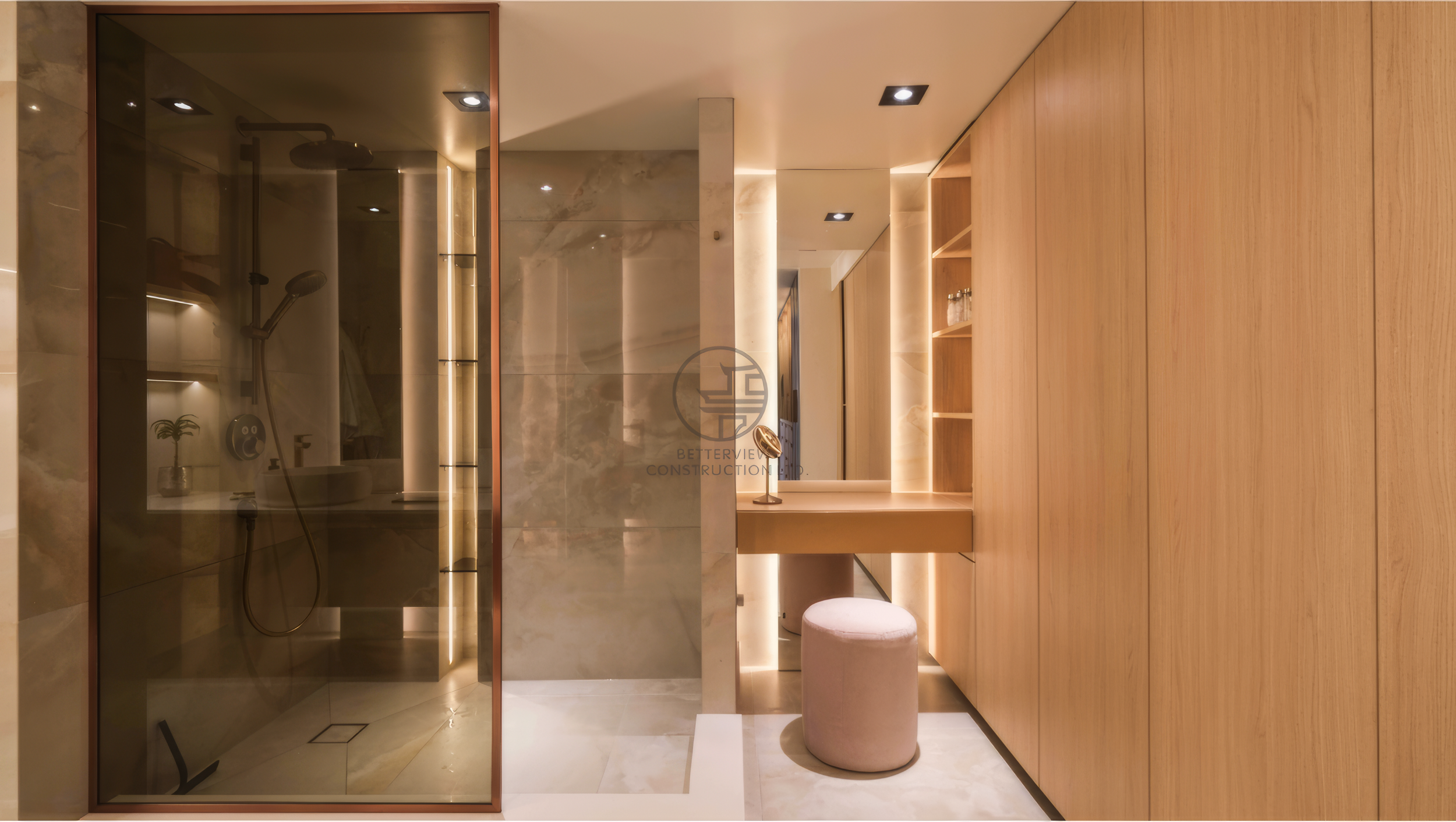 luxury bathroom with walk-in shower and custom vanity cabinetry