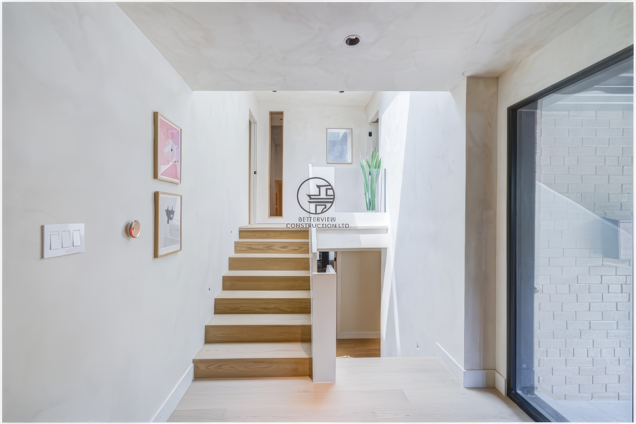 modern entryway with wood staircase in renovated Toronto home
