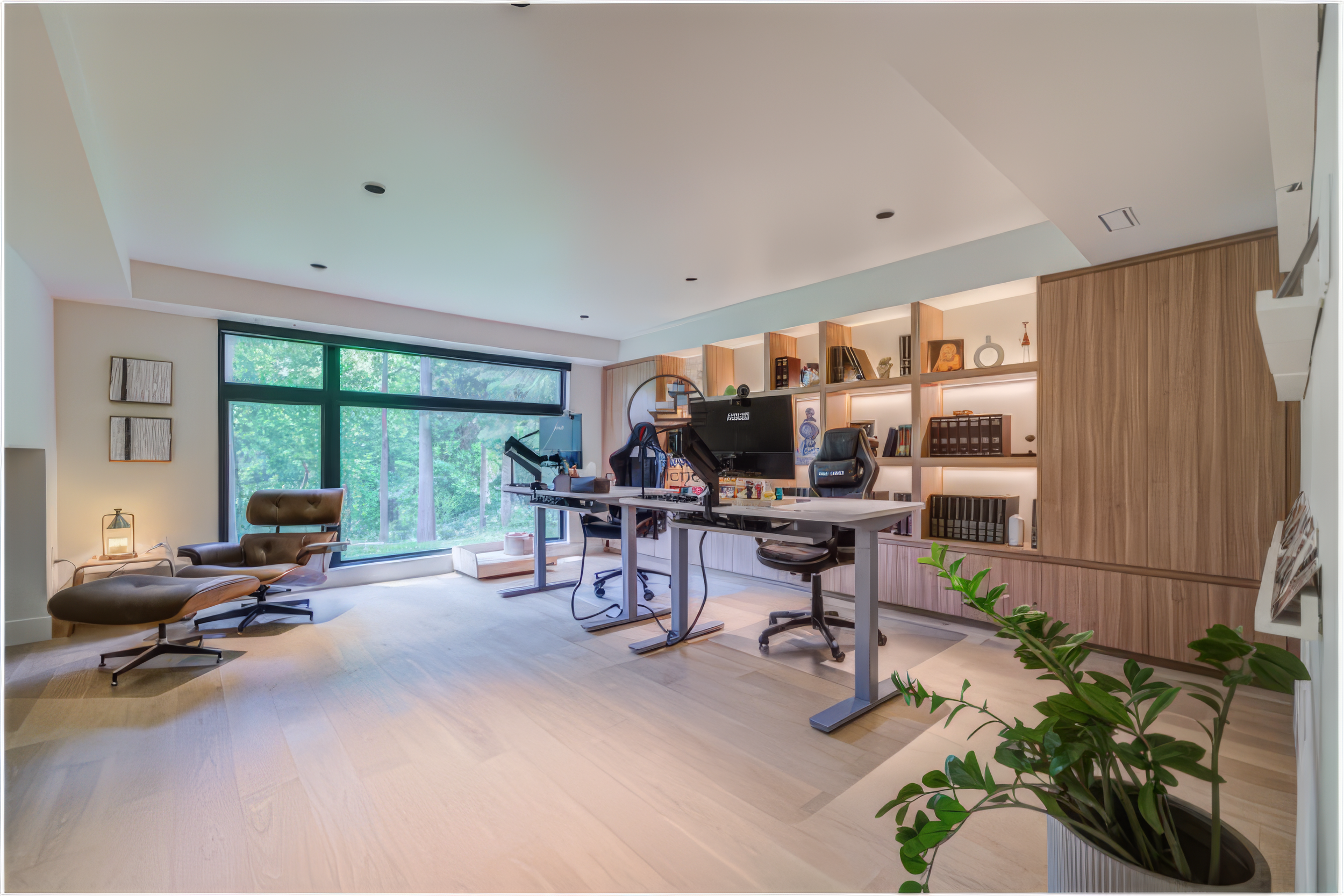 modern home office workspace with dual desks and built in shelves