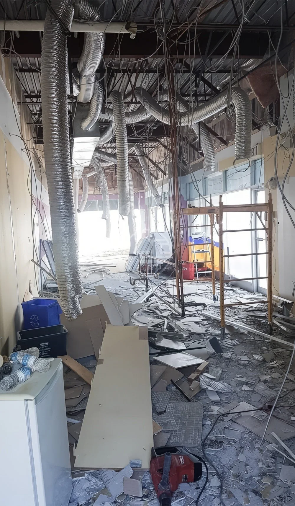 Commercial interior demolition phase in Toronto showing exposed ceiling, HVAC ductwork, and renovation debris before construction begins