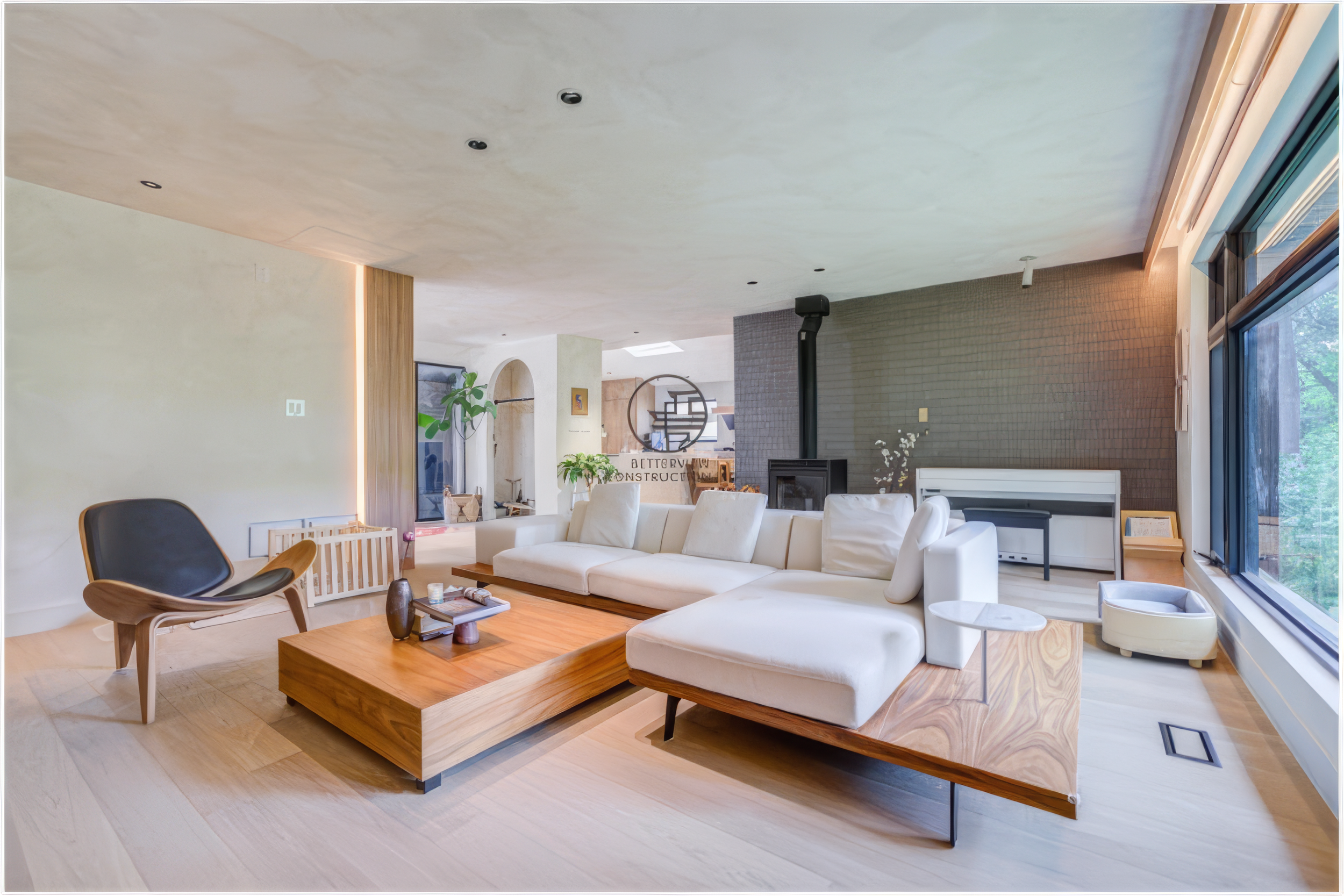 modern open concept living room with wood coffee table and large windows