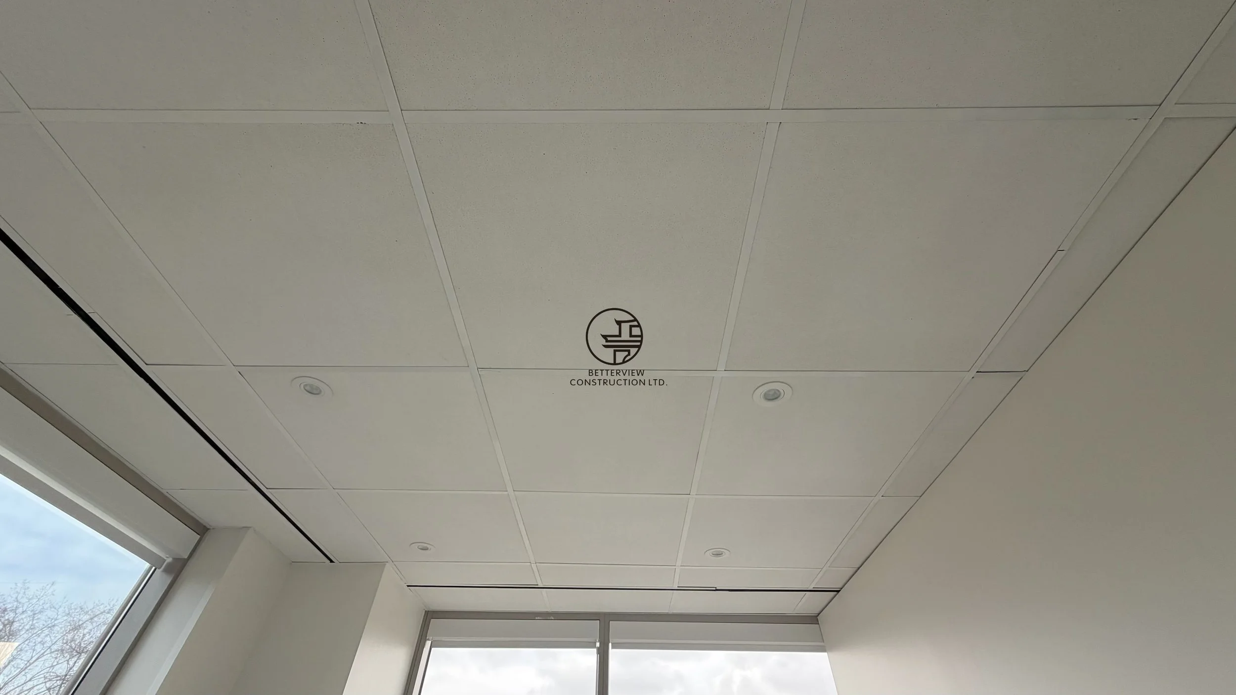 Drop ceiling with recessed lighting and acoustic panels in modern commercial office renovation