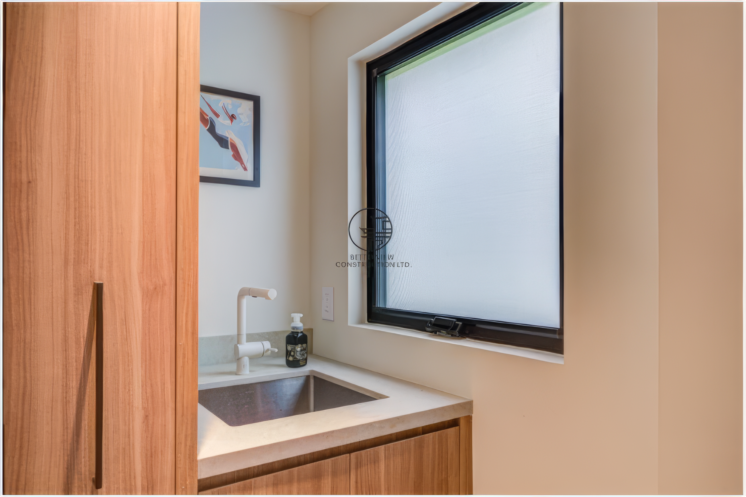 modern powder room vanity with wood cabinet quartz countertop and window