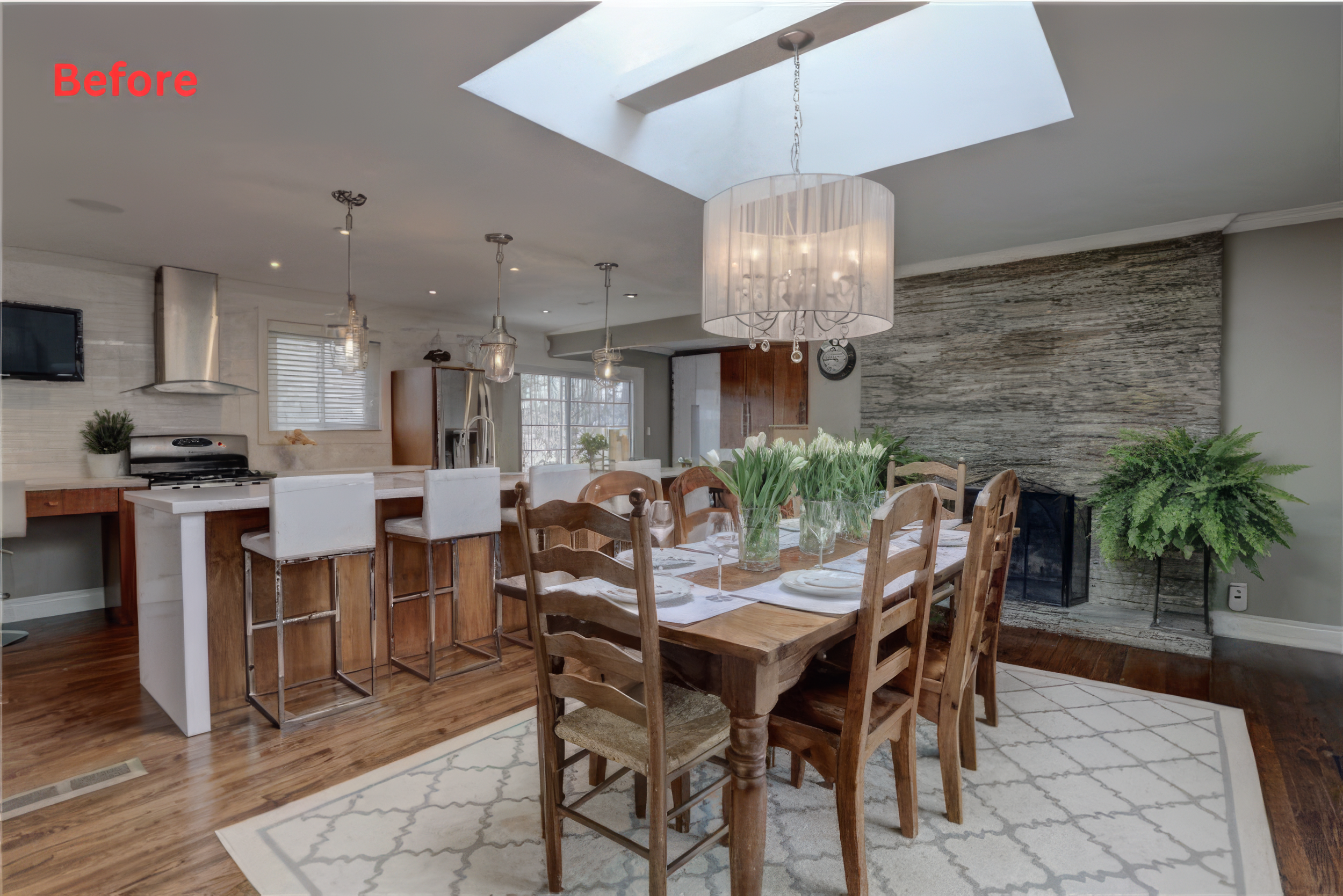 Before home renovation dining room with skylight ceiling, traditional wood dining table, and open concept kitchen in a Toronto house.