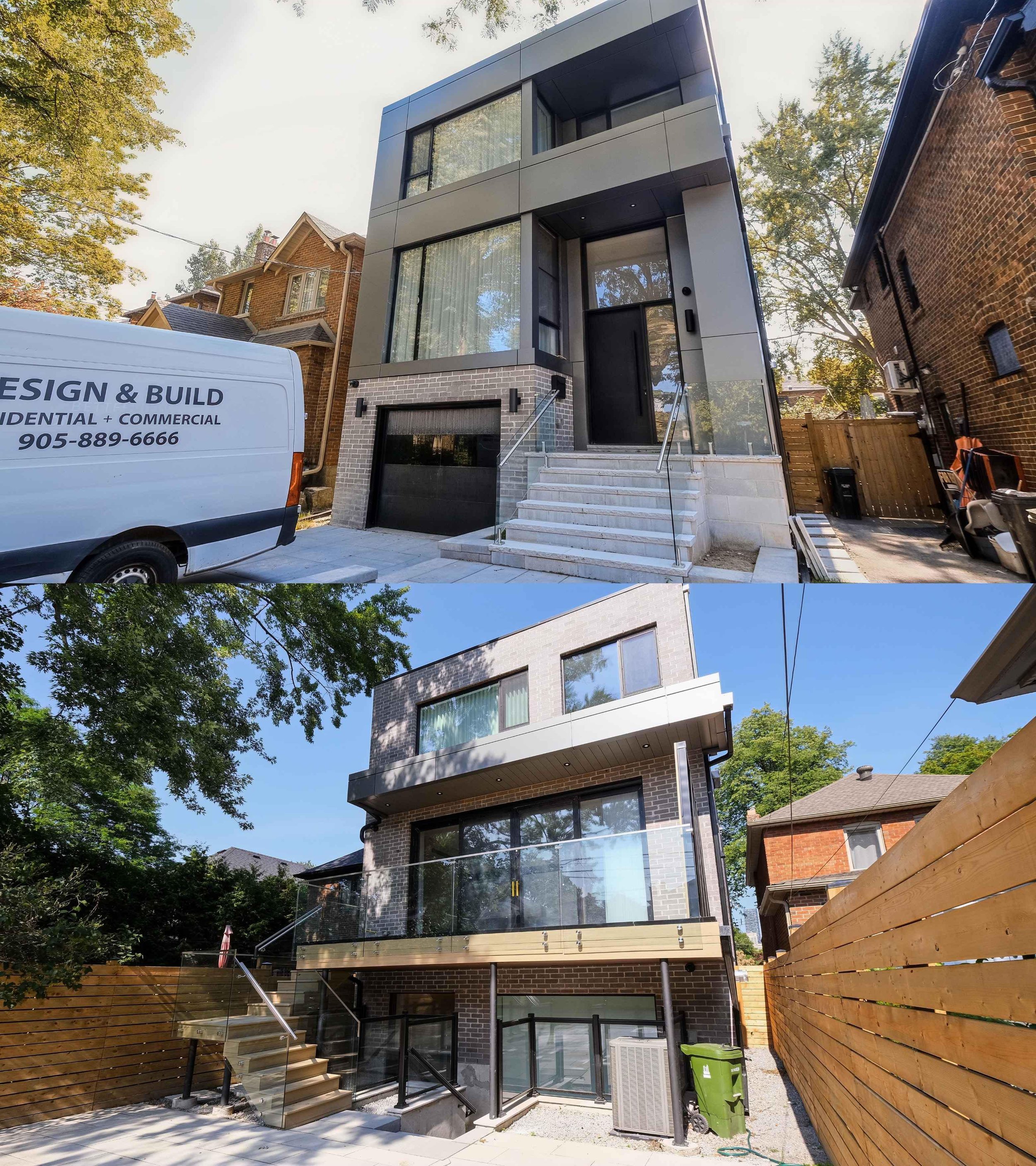 A modern multi-story house with large windows, a glass balcony, and a brick and metal exterior. There is outdoor stair access, a wooden fence, and a utility box and trash cans in the backyard.