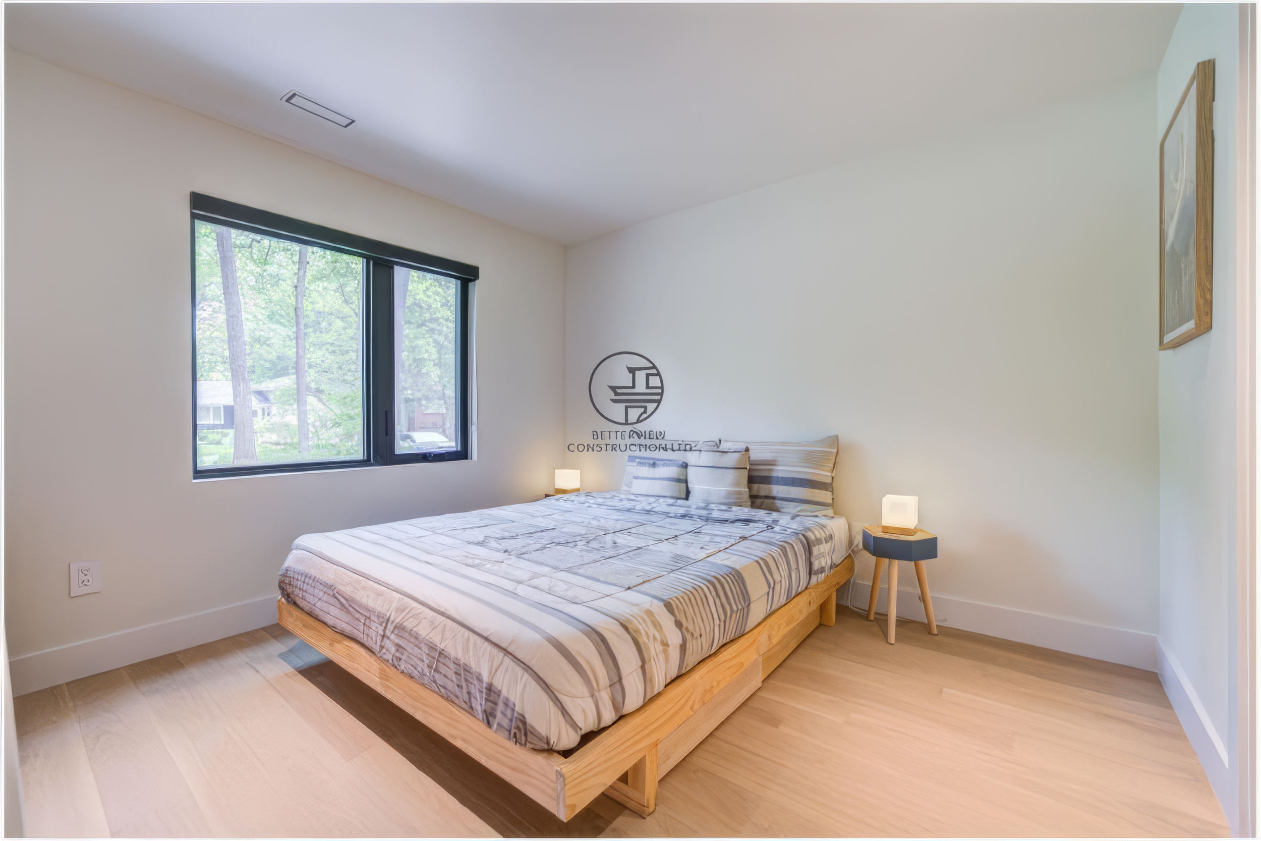 modern minimalist bedroom with wood bed frame