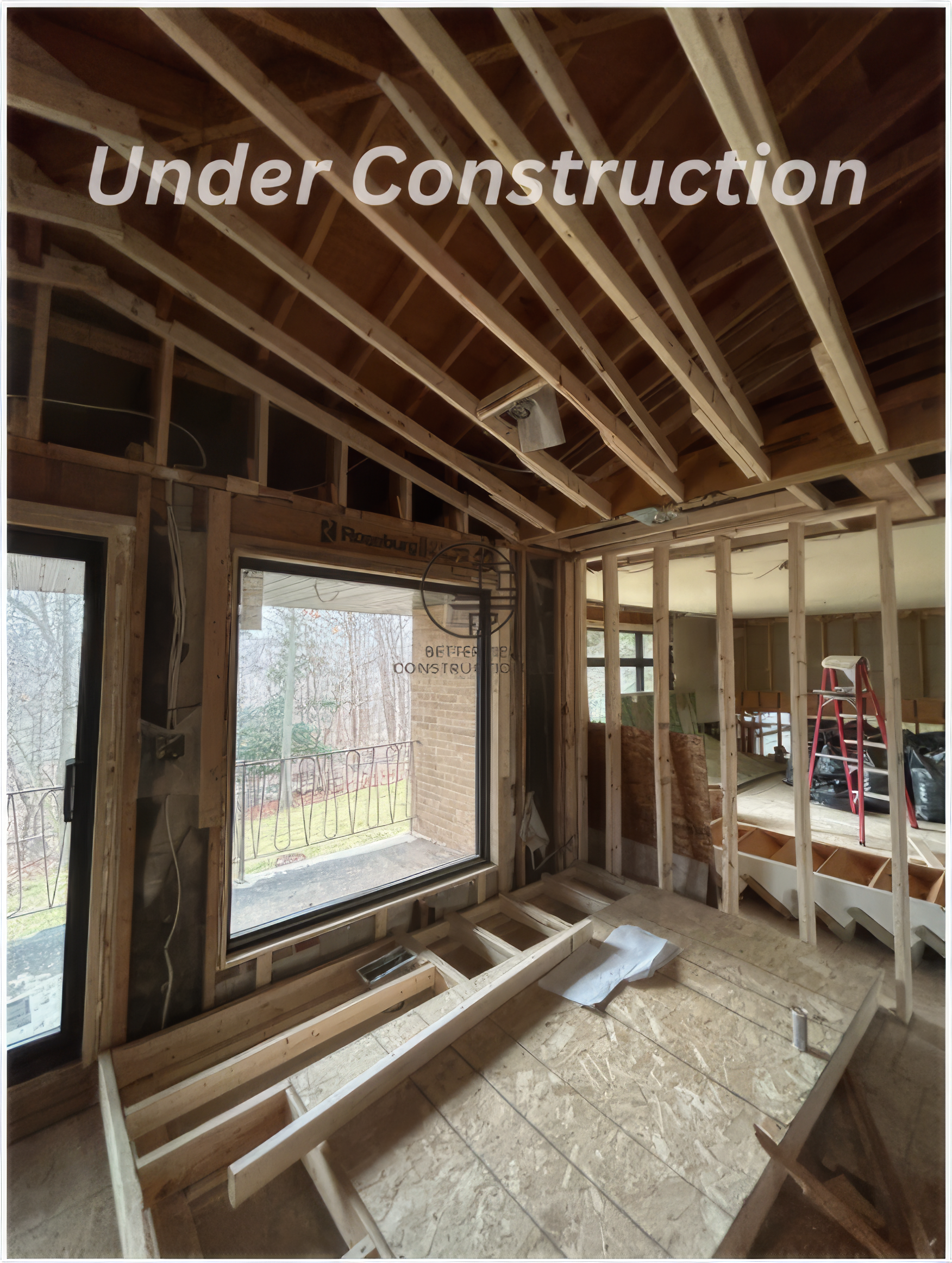 home renovation framing stage with exposed wood studs and ceiling joists