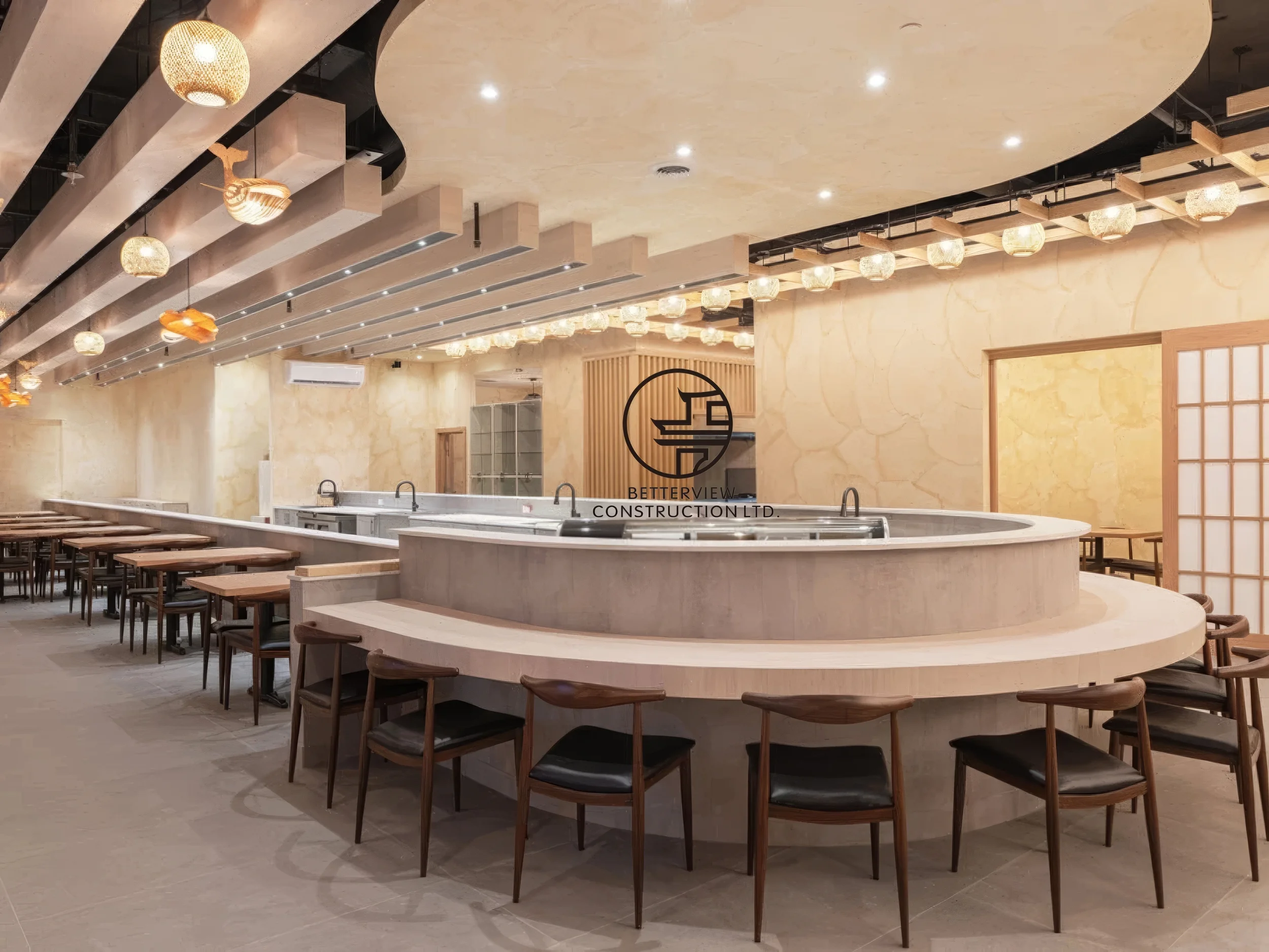 Modern Japanese restaurant interior with curved sushi bar, warm ambient lighting, and minimalist wood seating design