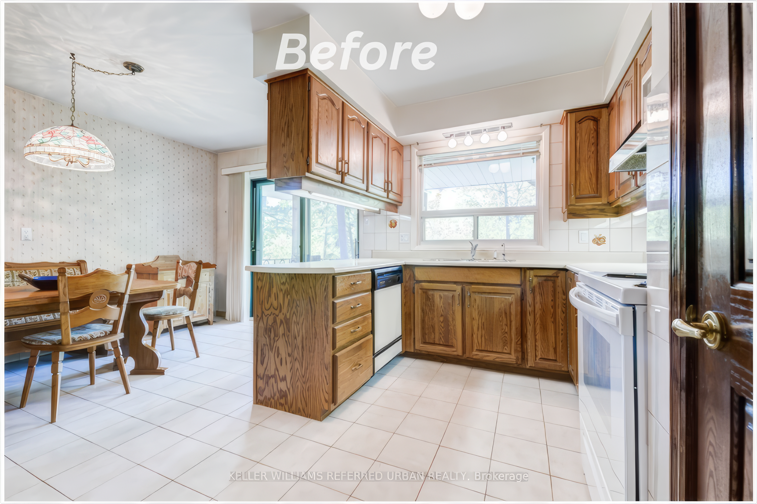 outdated kitchen interior before renovation with wood cabinets and tile floor